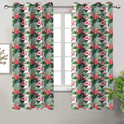 AIRWILL, Cotton Designer Green Hibiscus Floral Themed Designer Window Curtains, Sized 4ft in Width and 5ft in Length. Pack of 2 Pieces