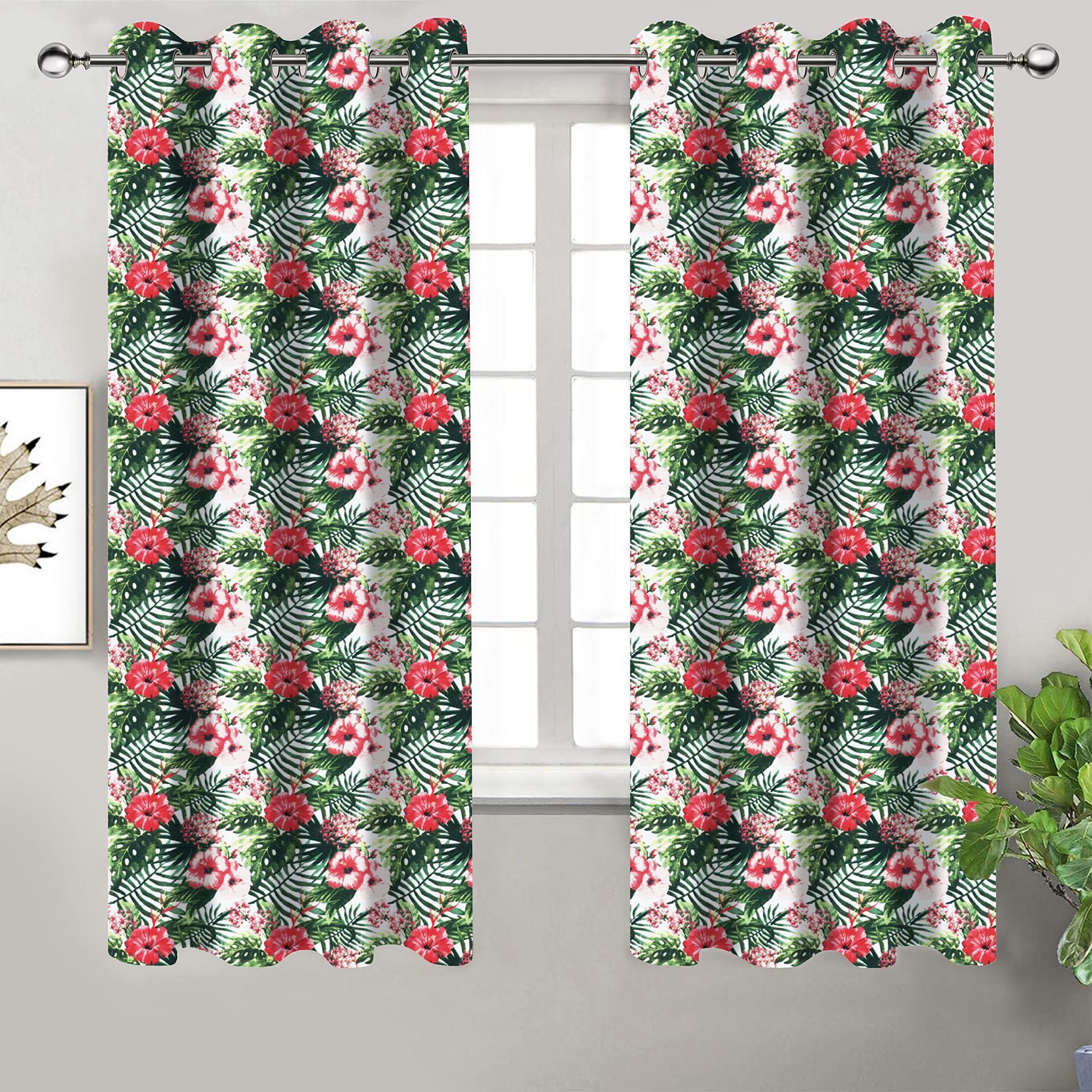 AIRWILL, Cotton Designer Green Hibiscus Floral Themed Designer Window Curtains, Sized 4ft in Width and 5ft in Length. Pack of 2 Pieces