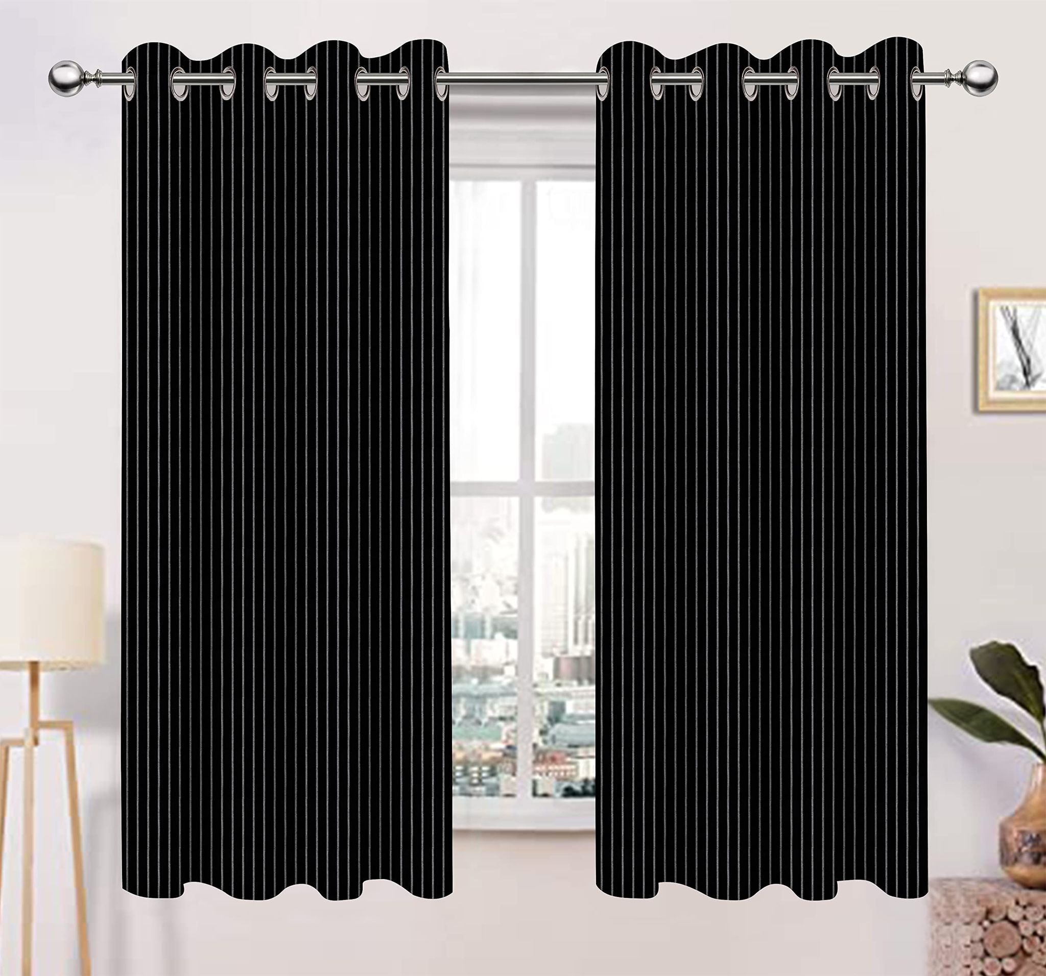 AIRWILL, Cotton Striped Pattern Window - 4x5ft Curtains - (Pack of 2 pcs) - Black