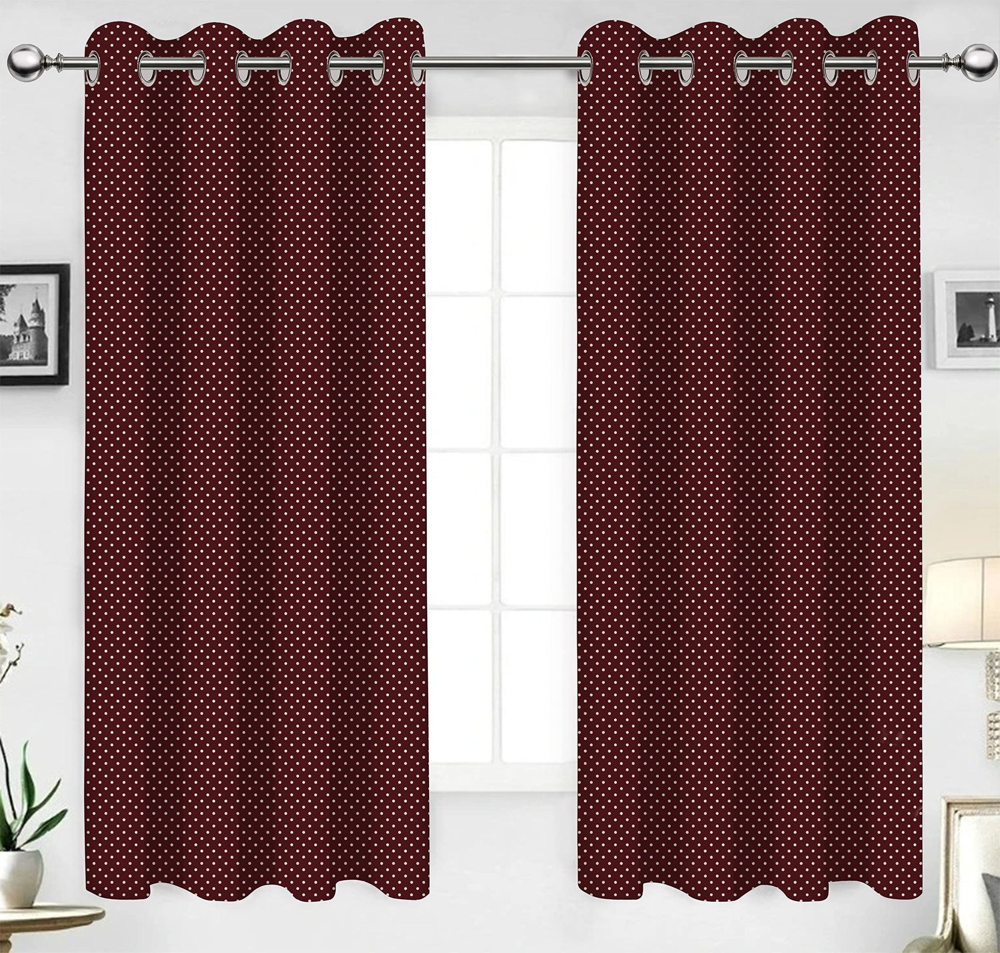 AIRWILL, Cotton Polka Dots Pattern Window - 4x5ft Curtains - (Pack of 2 pcs) - Maroon