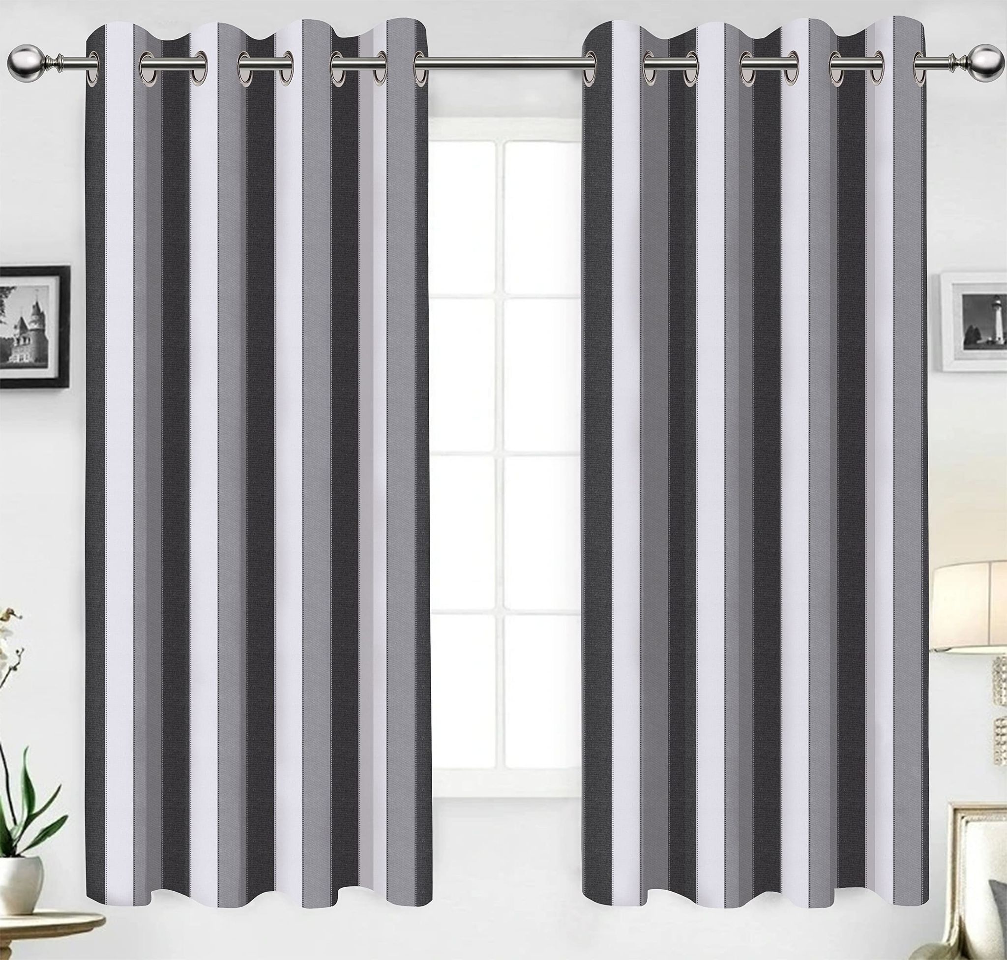 AIRWILL, Cotton Striped Pattern Window - 4x5ft Curtains - (Pack of 2 pcs) - Black, Grey