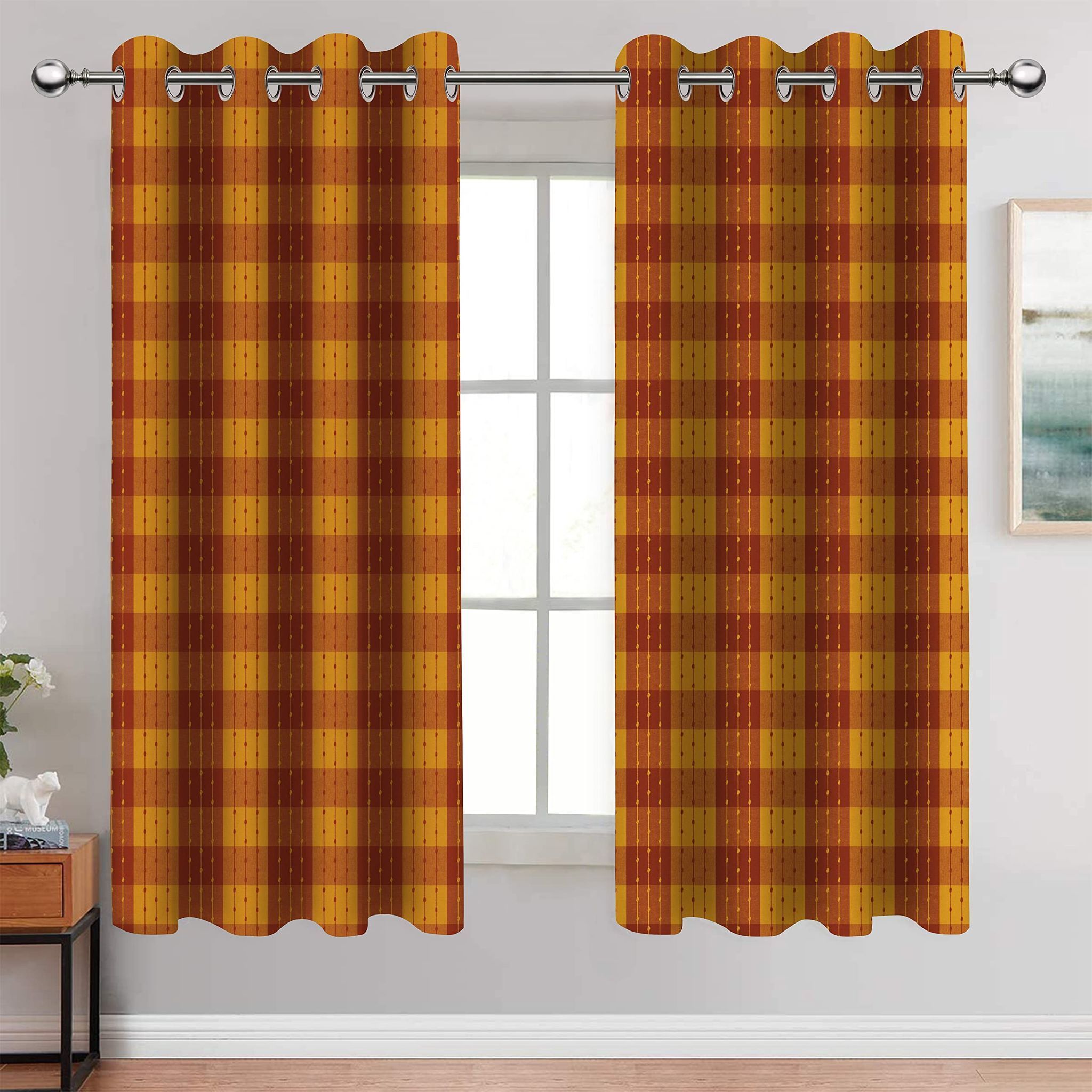 AIRWILL, Cotton Checkered Pattern Window - 4x5ft Curtains - (Pack of 2 pcs) - Maroon, Yellow