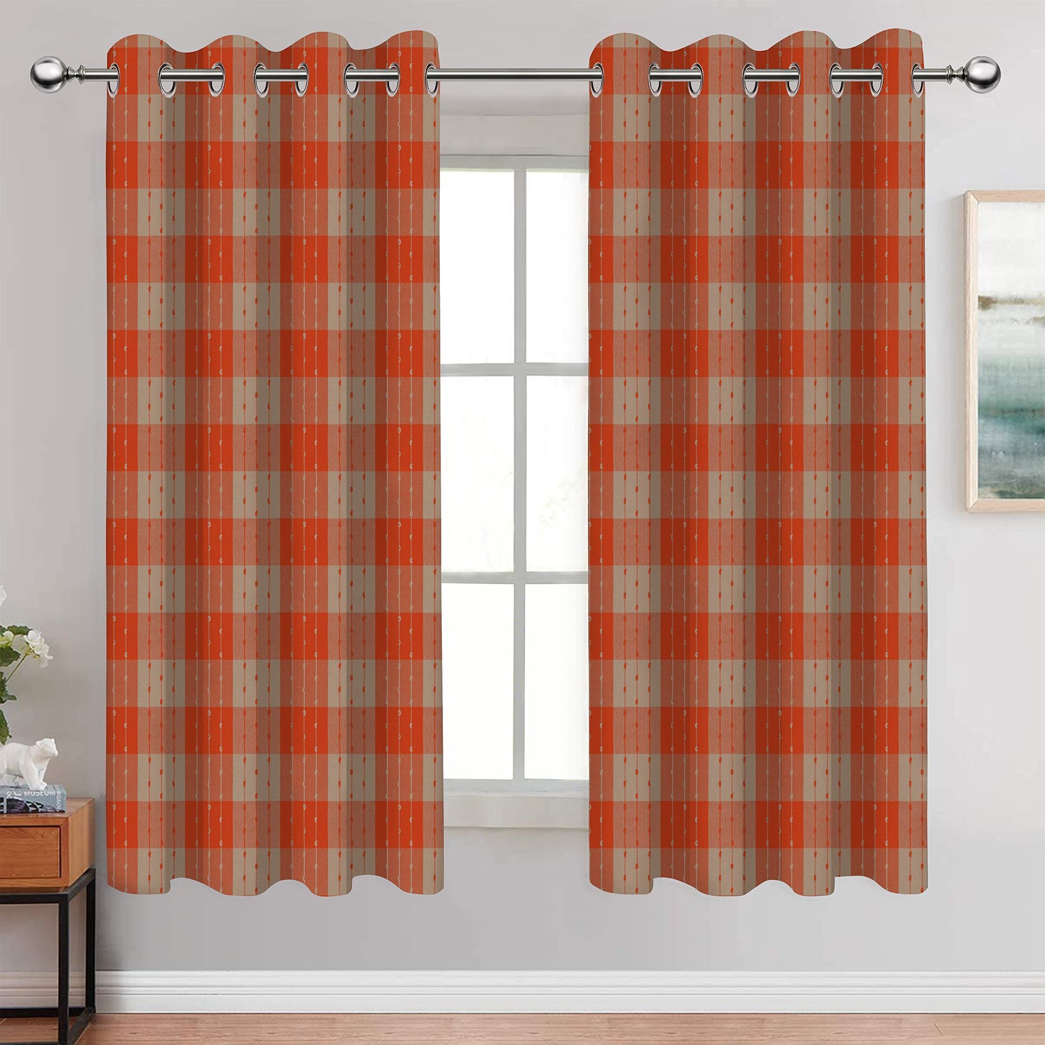 AIRWILL, Cotton Checkered Pattern Window - 4x5ft Curtains - (Pack of 2 pcs) - Orange, Beige