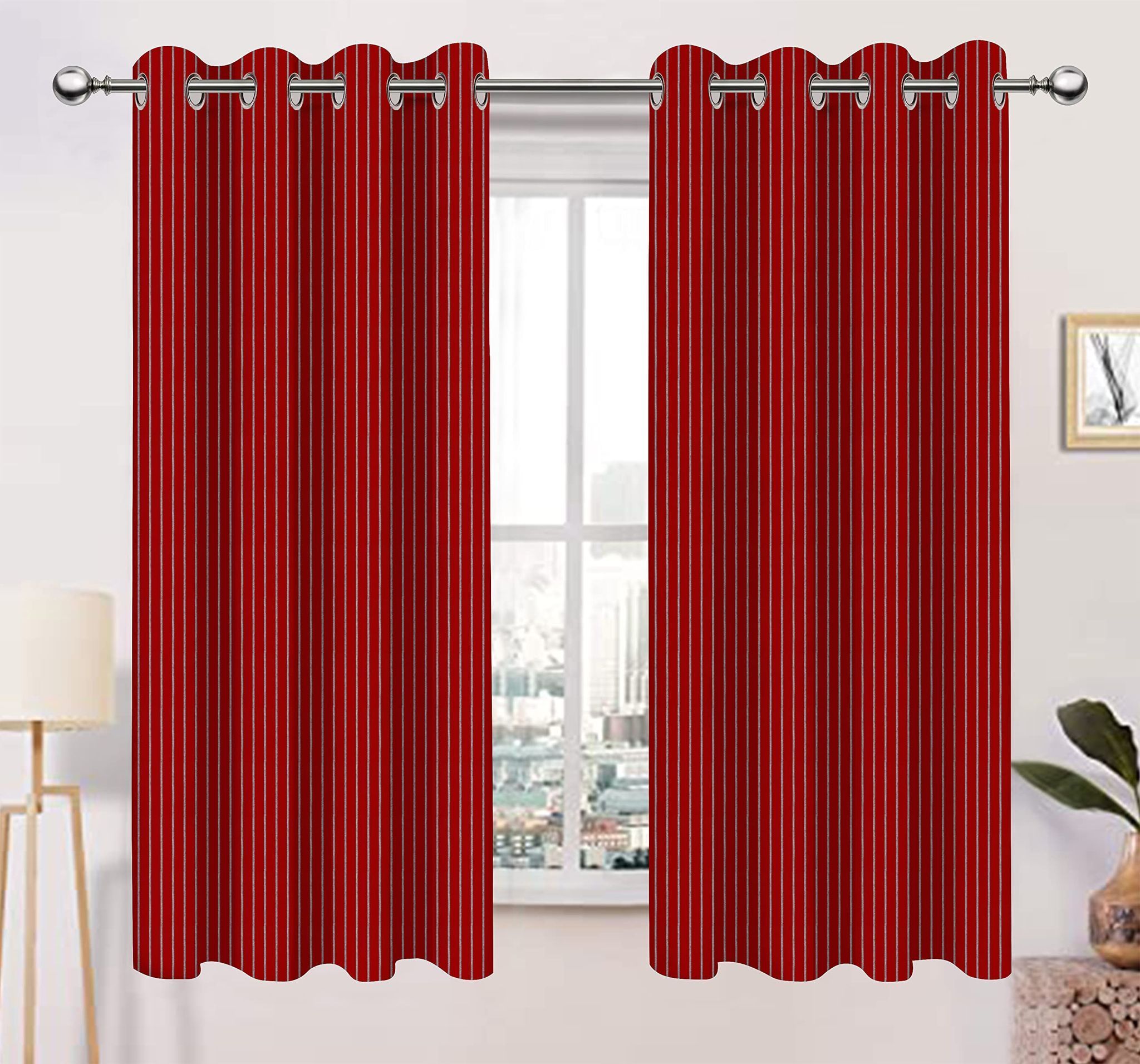 AIRWILL, Cotton Striped Pattern Window - 4x5ft Curtains - (Pack of 2 pcs) - Red