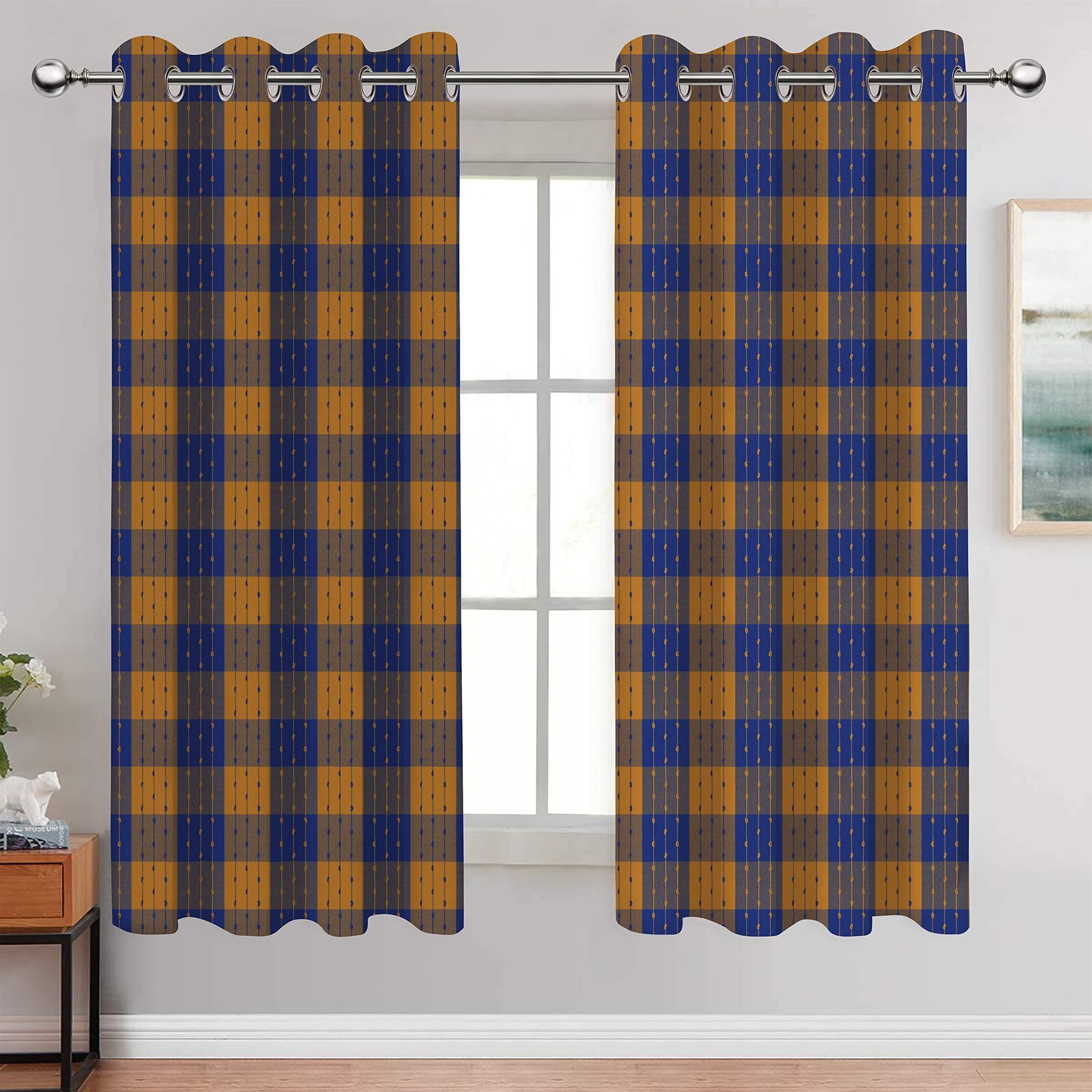 AIRWILL, Cotton Checkered Pattern Window - 4x5ft Curtains - (Pack of 2 pcs) - Blue, Yellow