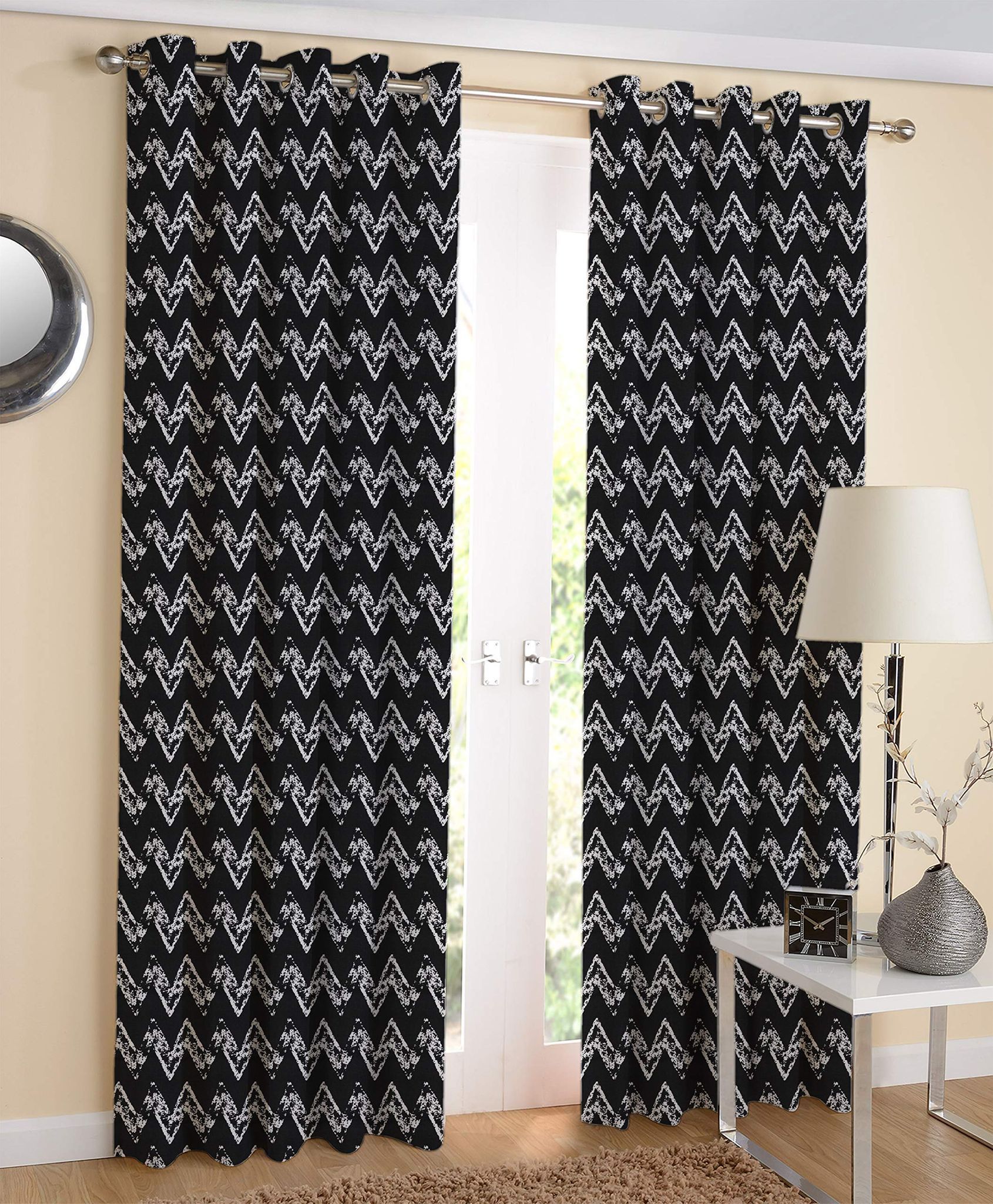AIRWILL 100% Cotton Geometric Pattern Window Curtains Sized, 5ft Length (Black,White, Pack of 2 pcs)