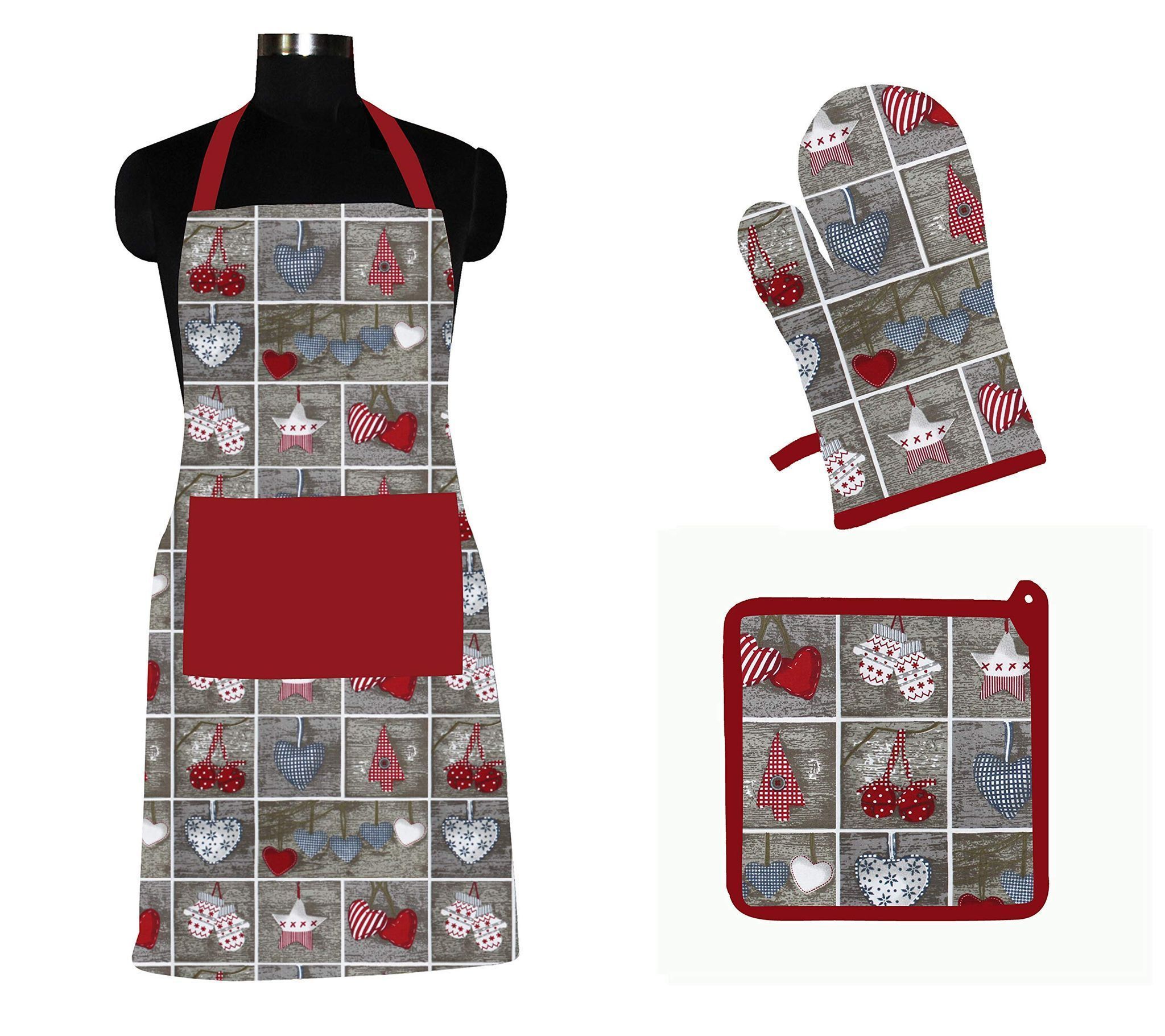 AIRWILL ? Cotton Designer Pattern with High-Quality Heat Resistant Kitchen Linen Set (1 Apron, 1 Oven Mitt, 1 Pot Holder) (Grey, Red)