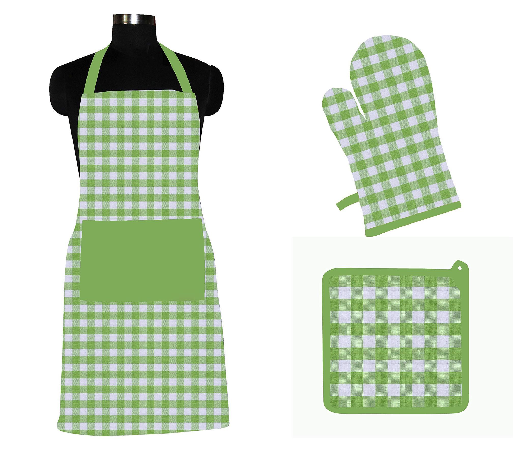 AIRWILL ? Cotton Designer Pattern Heat Resistant Kitchen Linen Set (1 Apron, 1 Oven Mitt, 1 Pot Holder) (Green, White)