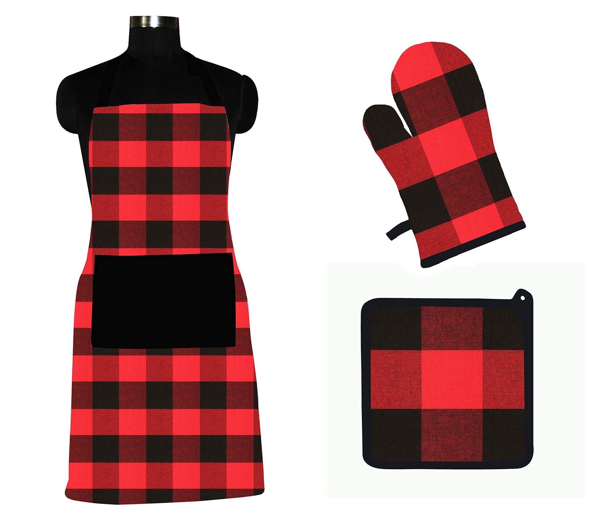 AIRWILL ? Cotton Designer Pattern with High-Quality Heat Resistant Kitchen Linen Set (1 Apron, 1 Oven Mitt, 1 Pot Holder) (Red, Black)