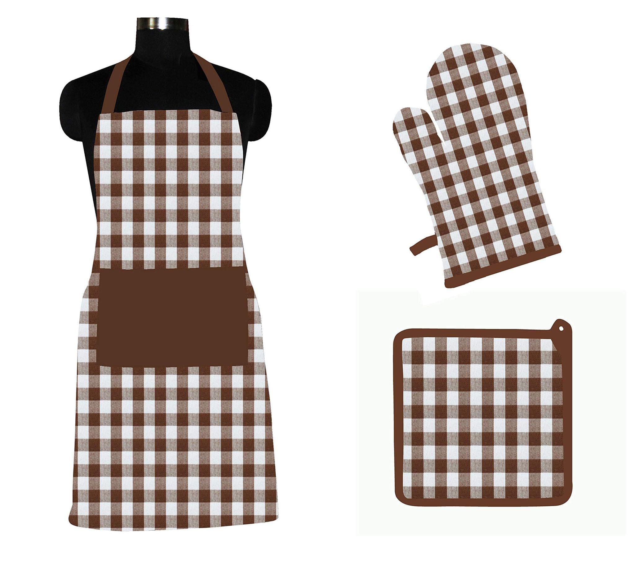 Airwill ? Cotton Designer Pattern Heat Resistant Kitchen Linen Set (1 Apron, 1 Oven Mitt, 1 Pot Holder) (Brown, White)