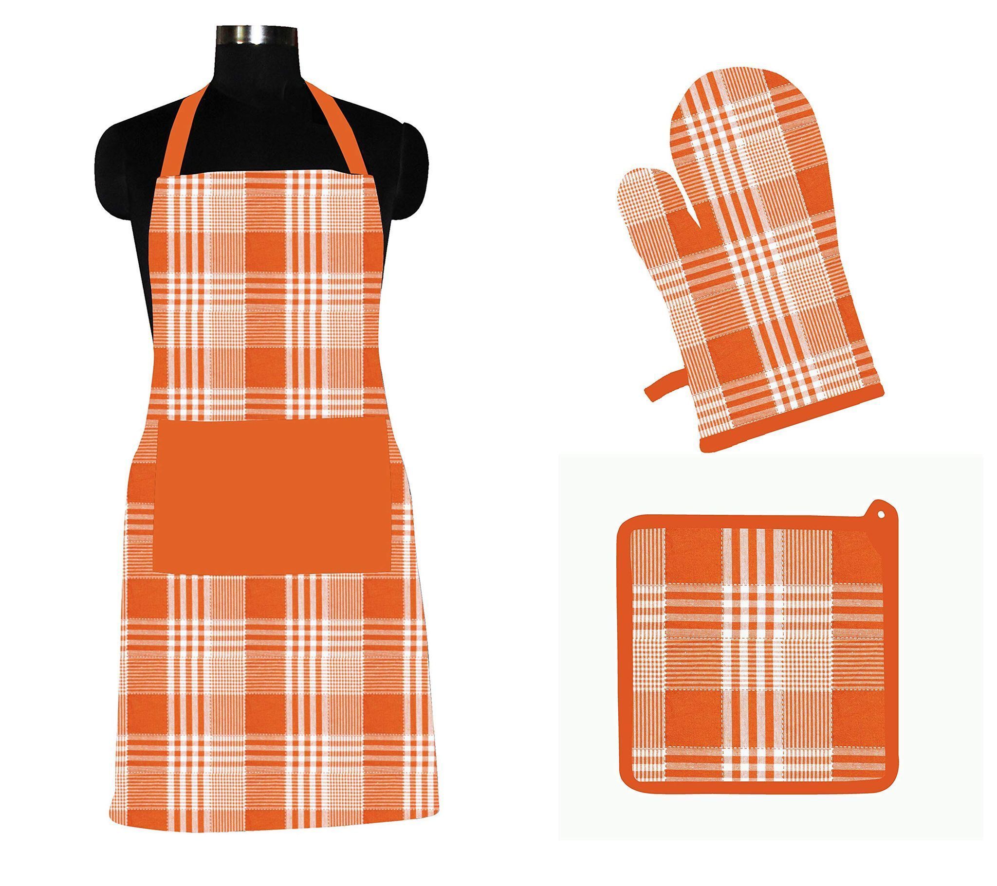 AIRWILL ? Cotton Designer Pattern with High-Quality Heat Resistant Kitchen Linen Set (1 Apron, 1 Oven Mitt, 1 Pot Holder) (Orange)