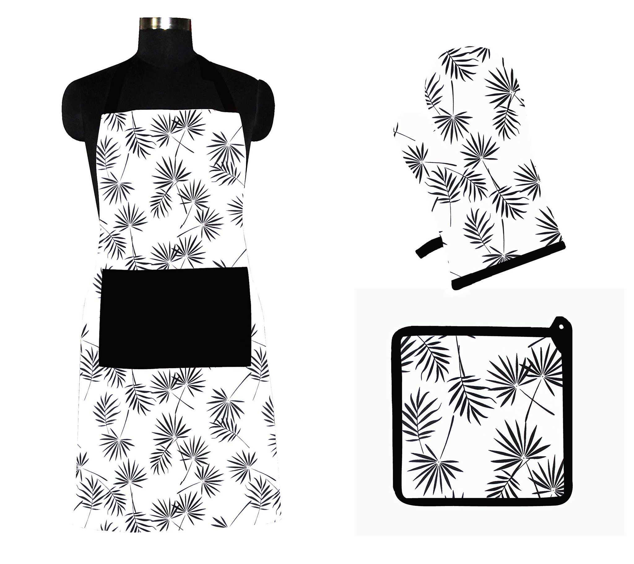 AIRWILL ? Cotton Designer Pattern with High-Quality Heat Resistant Kitchen Linen Set (1 Apron, 1 Oven Mitt, 1 Pot Holder) (Black, White)