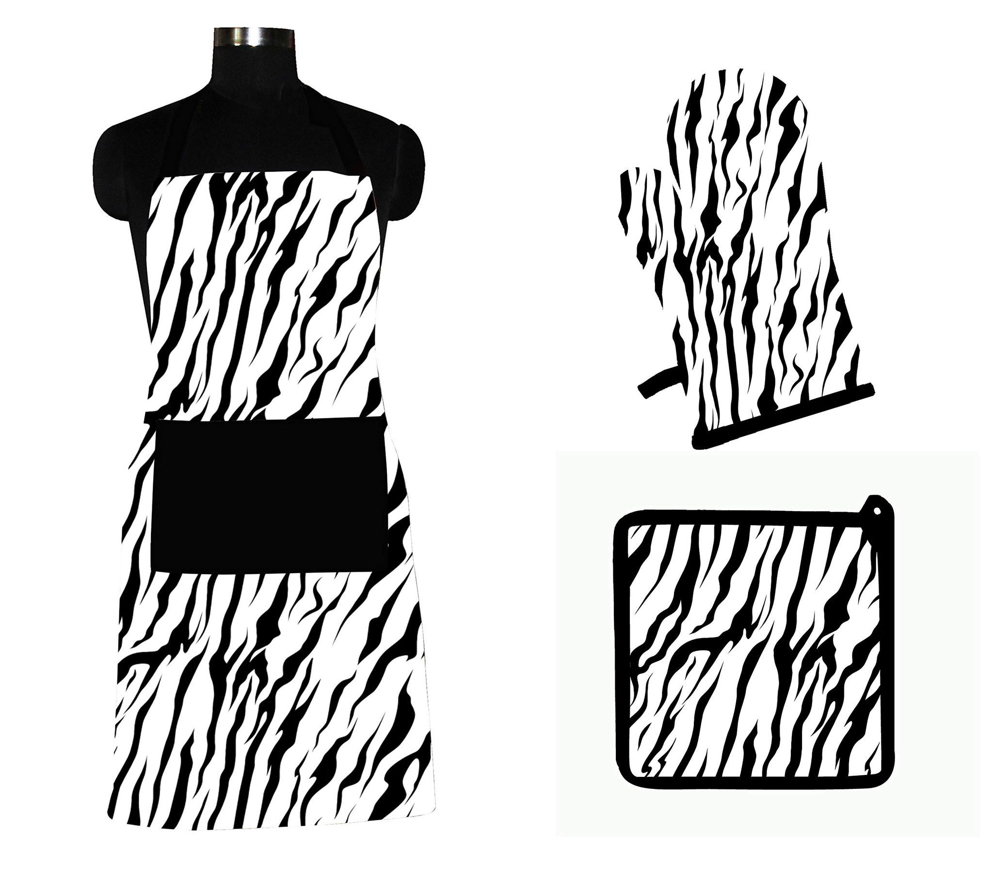 AIRWILL ? Cotton Designer Pattern with High-Quality Heat Resistant Kitchen Linen Set (1 Apron, 1 Oven Mitt, 1 Pot Holder) (Black, White)