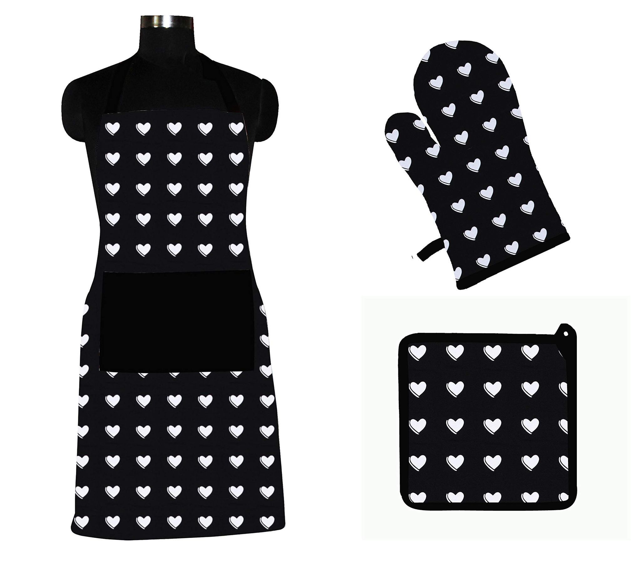 AIRWILL ? Cotton Designer Pattern Heat Resistant Kitchen Linen Set (1 Apron, 1 Oven Mitt, 1 Pot Holder) (Black, White)