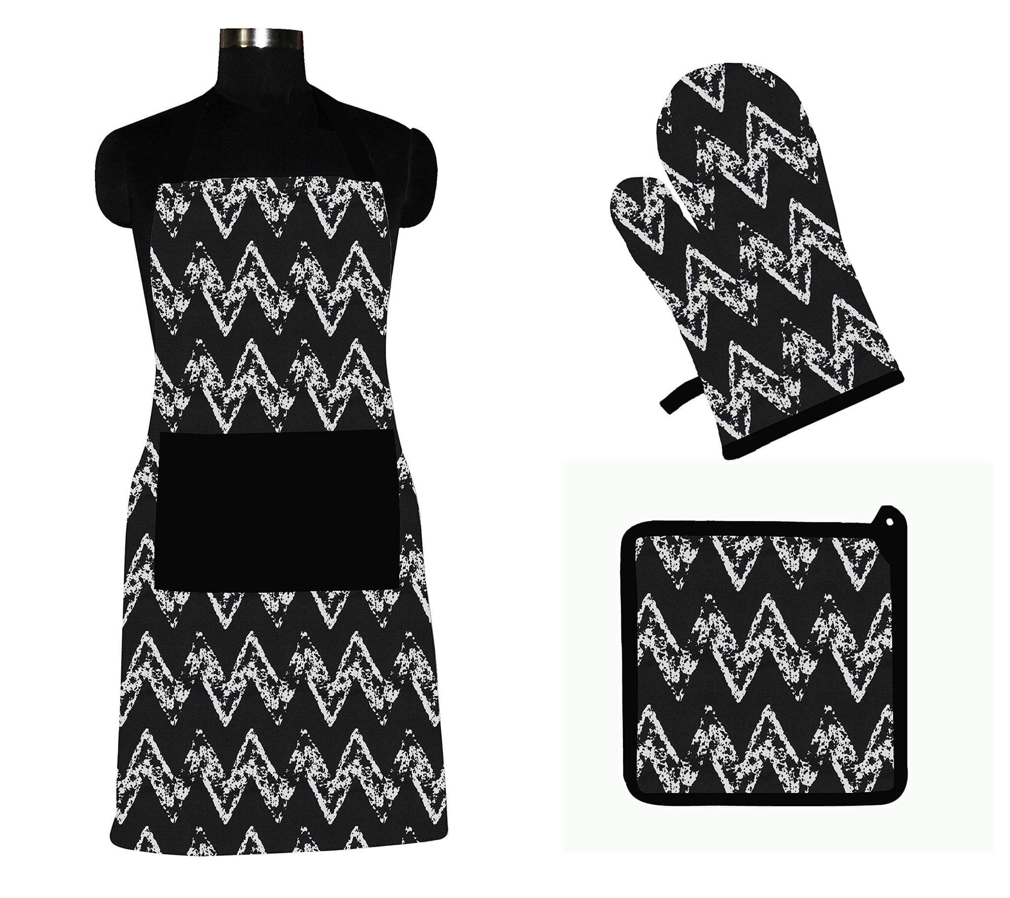 AIRWILL ? Cotton Designer Pattern with High-Quality Heat Resistant Kitchen Linen Set (1 Apron, 1 Oven Mitt, 1 Pot Holder) (Black, White)