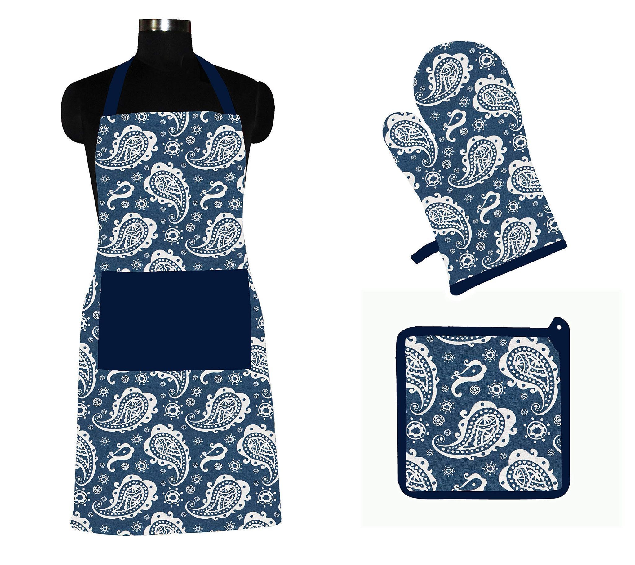 AIRWILL ? Cotton Designer Pattern Heat Resistant Kitchen Linen Set (1 Apron, 1 Oven Mitt, 1 Pot Holder) (Blue, White)