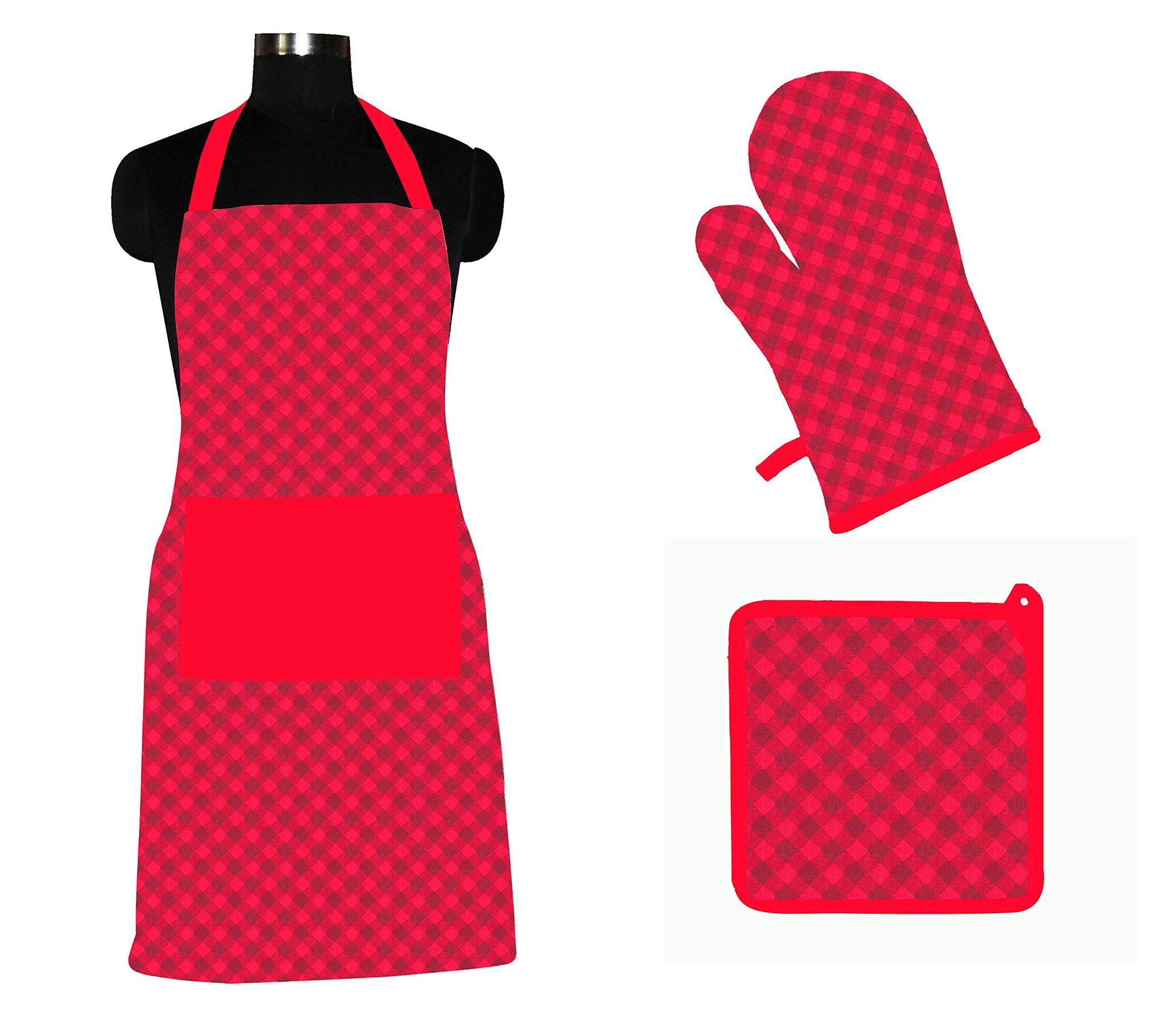 AIRWILL ? Cotton Designer Pattern Heat Resistant Kitchen Linen Set (1 Apron, 1 Oven Mitt, 1 Pot Holder) (Pink, Red)