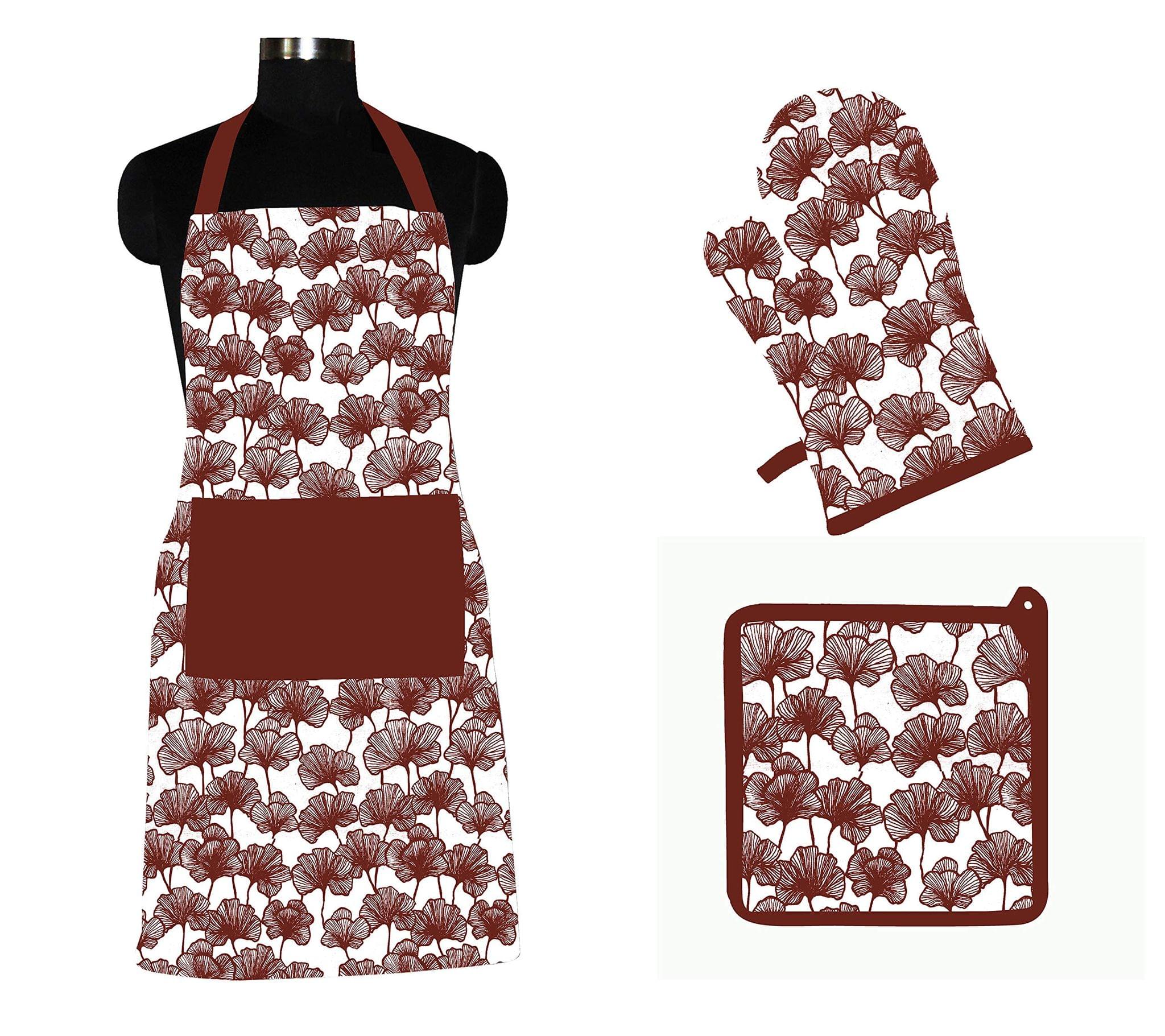 AIRWILL ? Cotton Designer Pattern Heat Resistant Kitchen Linen Set (1 Apron, 1 Oven Mitt, 1 Pot Holder) (Brown)
