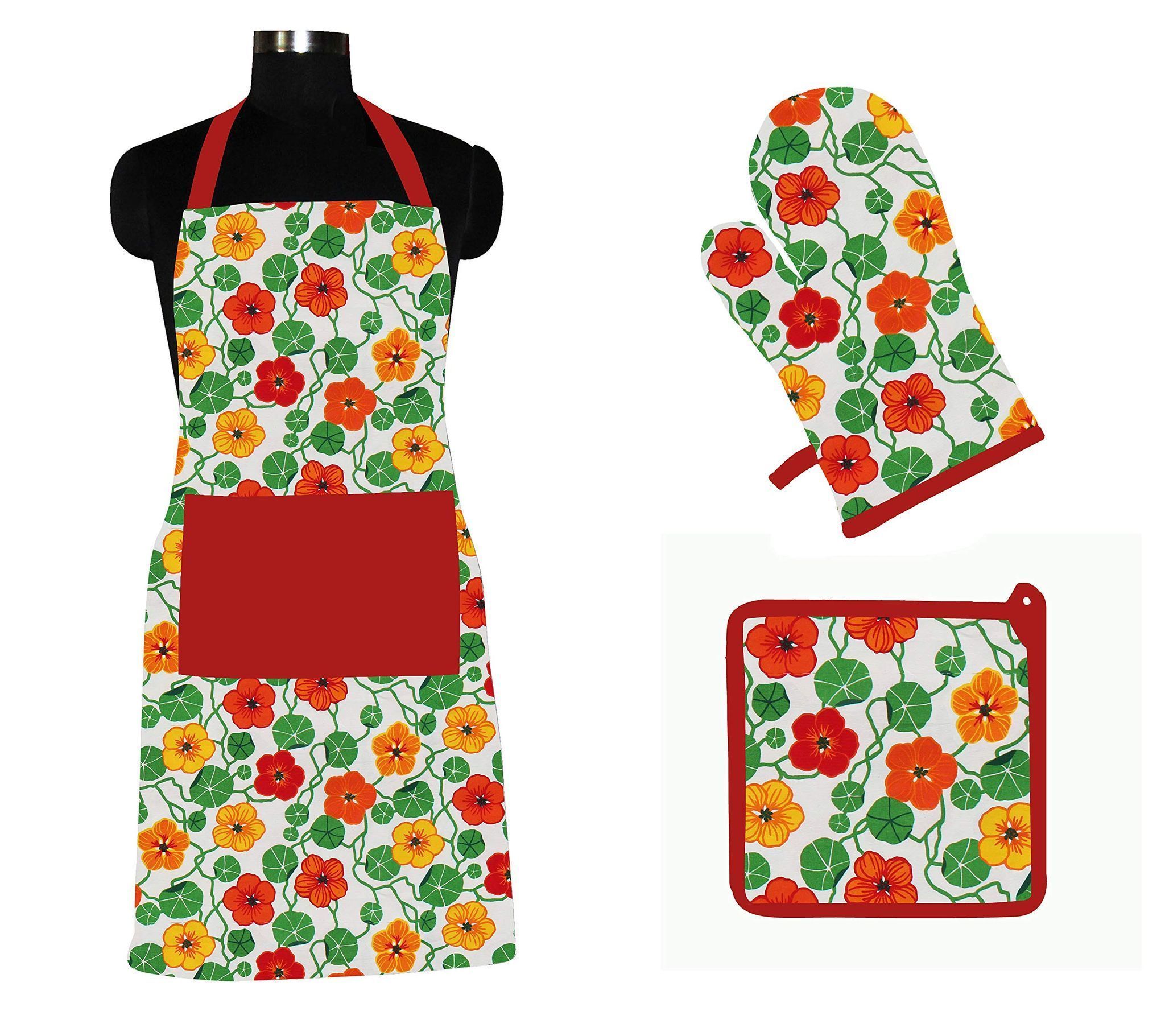 AIRWILL ? Cotton Designer Pattern Heat Resistant Kitchen Linen Set (1 Apron, 1 Oven Mitt, 1 Pot Holder) (Multicolor)