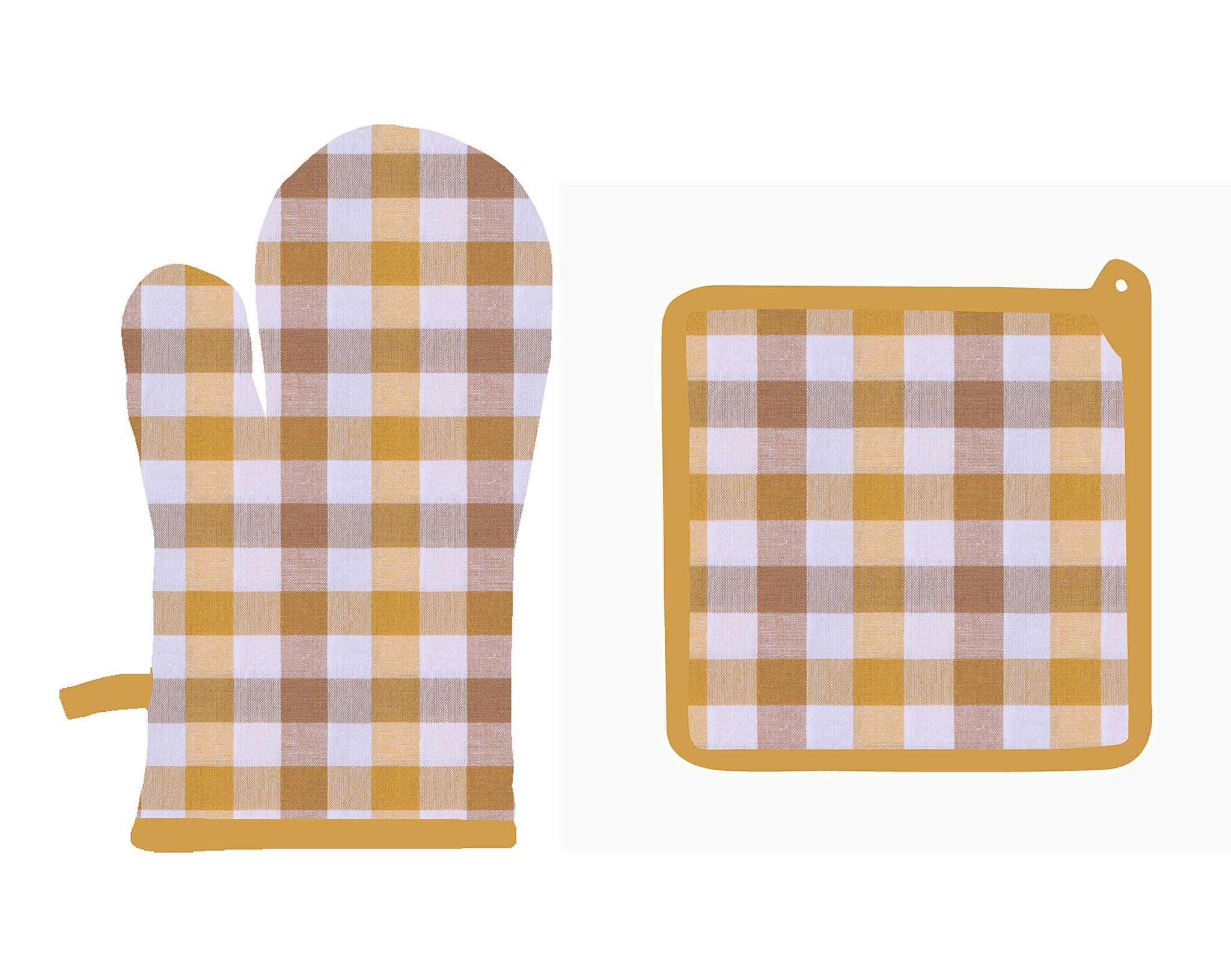 Airwill ? Cotton Designer Pattern Heat Resistant Kitchen Linens (1 Oven Mitt & 1 Pot Holder) (Yellow,White)