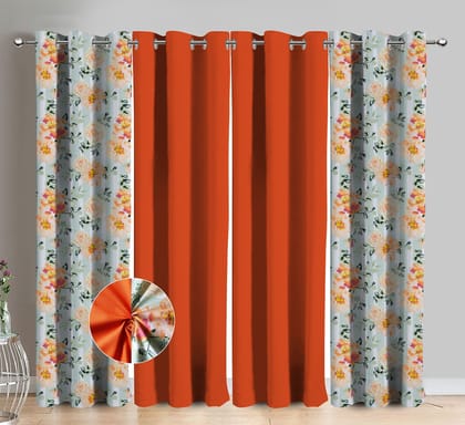 AIRWILL Cotton Stella Floral & Solid Pattern Long Door Curtains 275 / 9ft Length - (Orange, Pack of 4)