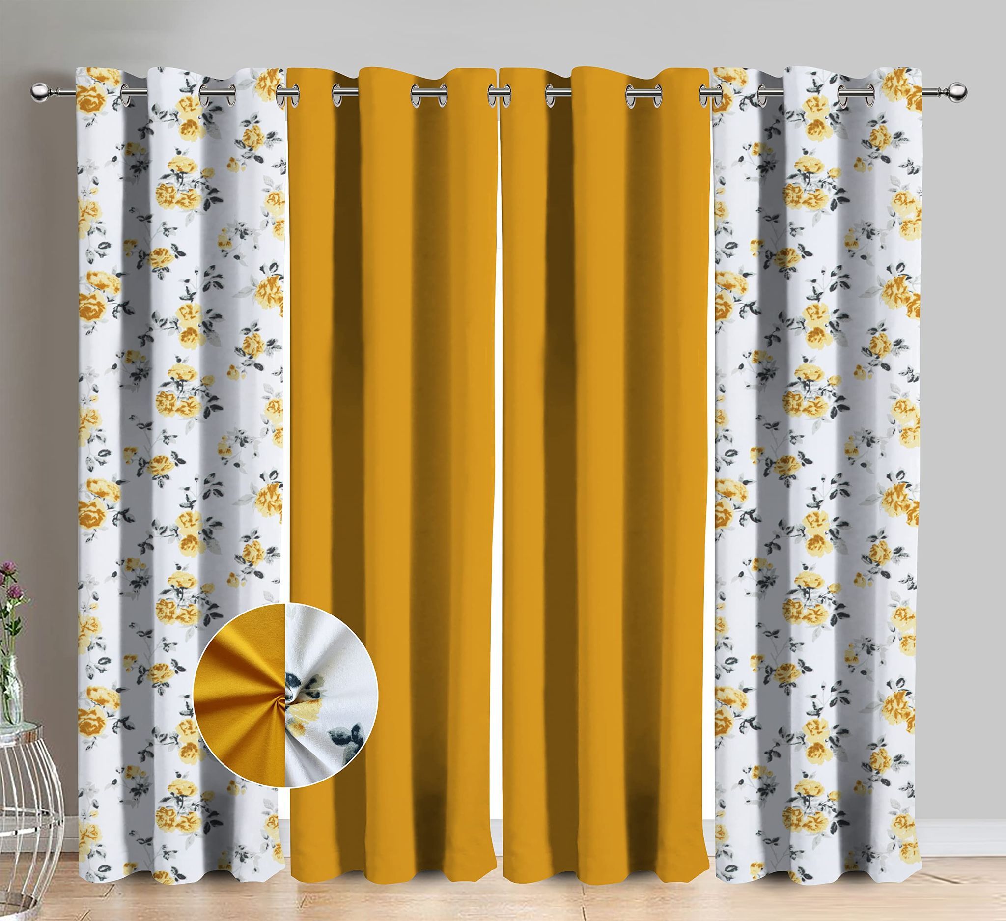 AIRWILL Cotton Elan Flower Floral & Solid Pattern Long Door Curtains 275 / 9ft Length - (Yellow, Pack of 4, Room Darkening;Washable)