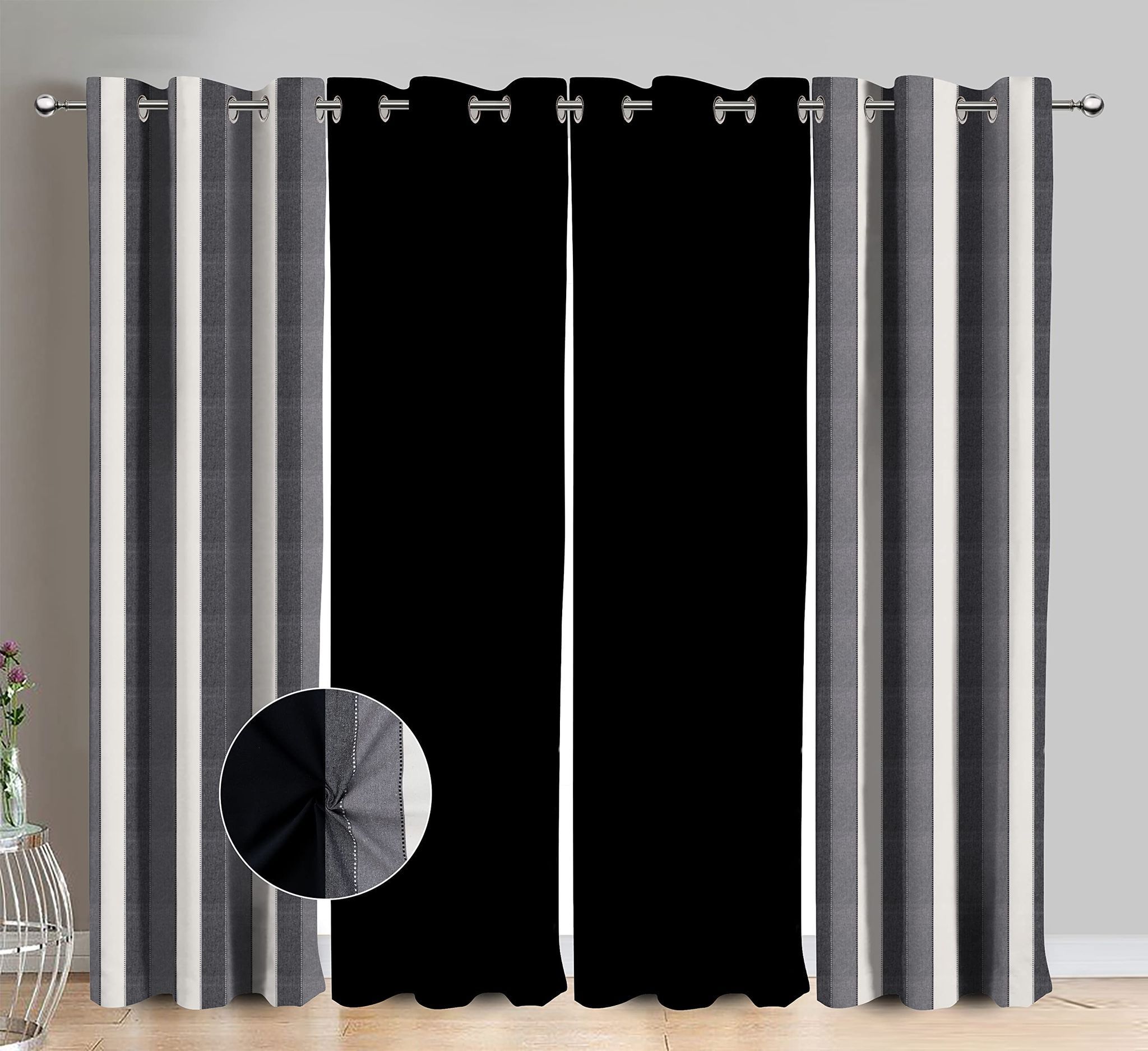 AIRWILL Cotton Dobby Stripe Black Striped & Solid Pattern Long Door Curtains 275 / 9ft Length - (Black, Pack of 4)