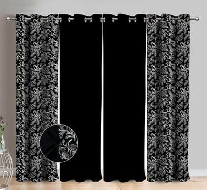 AIRWILL Cotton Black Flower Floral & Solid Pattern Long Door Curtains 275 / 9ft Length - (Black, Pack of 4)