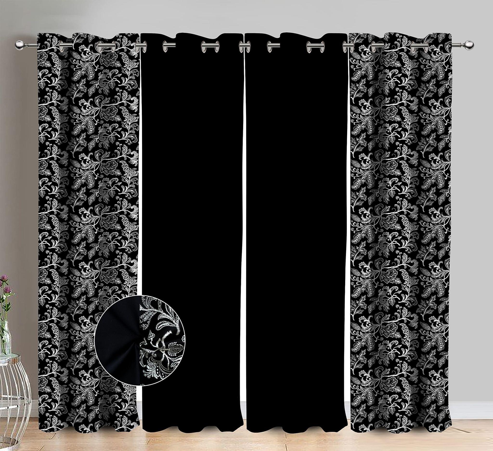 AIRWILL Cotton Black Flower Floral & Solid Pattern Long Door Curtains 275 / 9ft Length - (Black, Pack of 4)