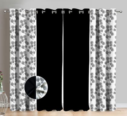 AIRWILL Cotton Root Leaf Floral & Solid Pattern Long Door Curtains 275 / 9ft Length - (Black, Pack of 4)