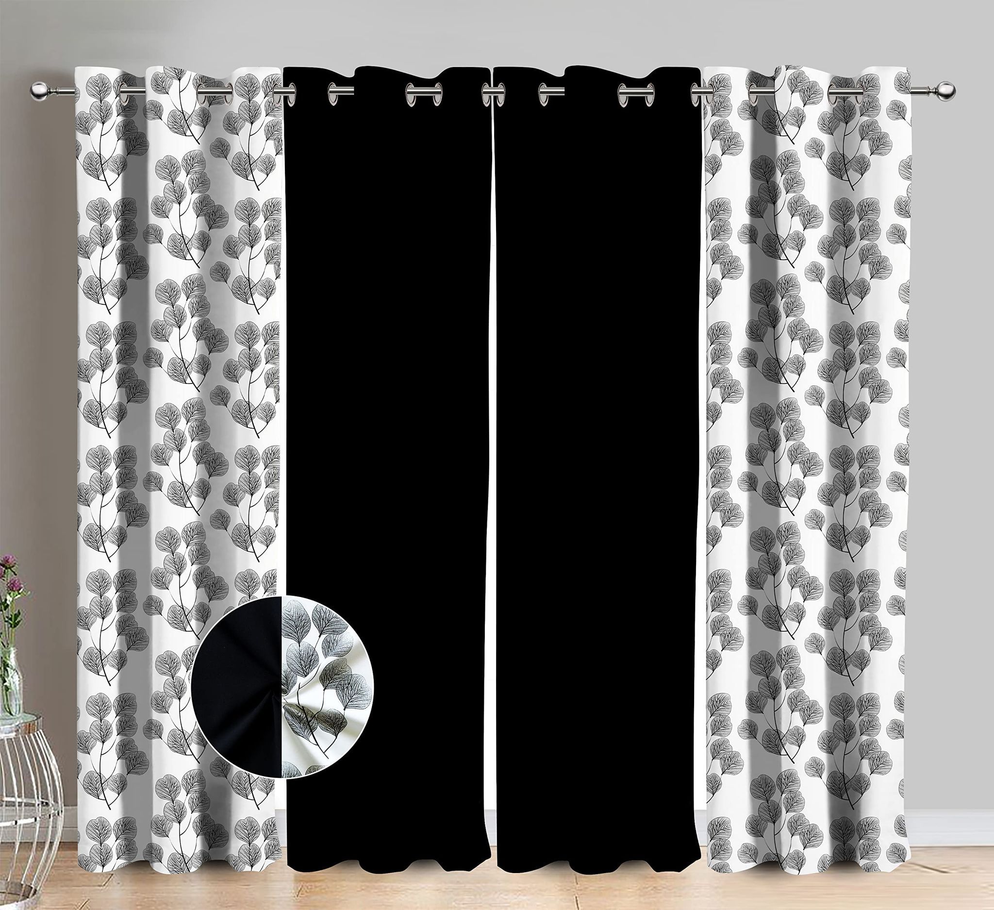 AIRWILL Cotton Root Leaf Floral & Solid Pattern Long Door Curtains 275 / 9ft Length - (Black, Pack of 4)