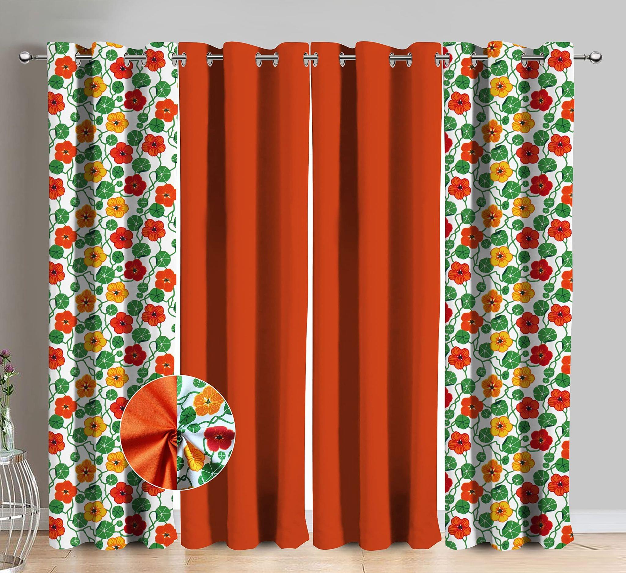 AIRWILL Cotton Orange Flower Floral & Solid Pattern Long Door Curtains 275 / 9ft Length - (Orange, Pack of 4)
