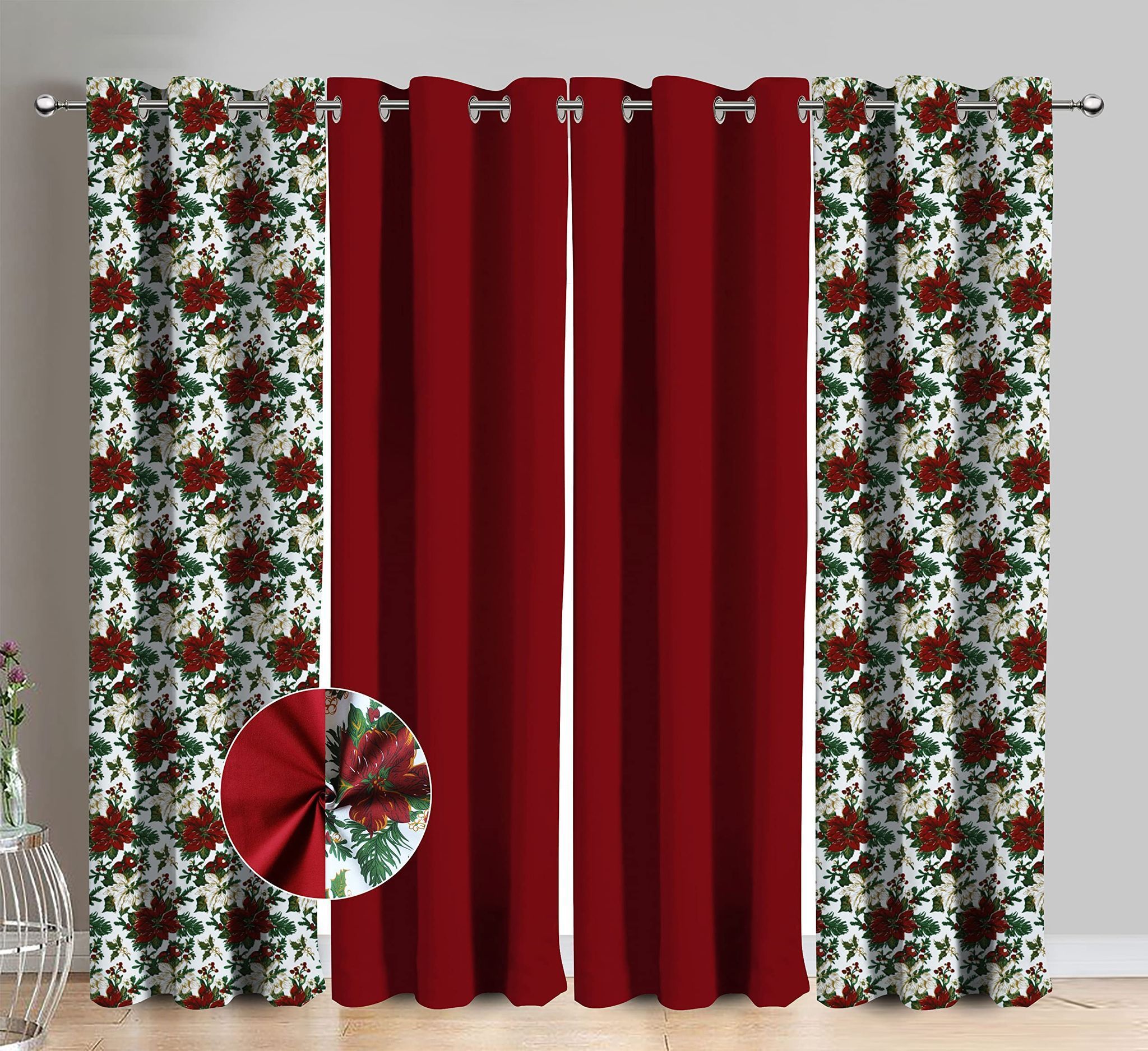 AIRWILL Cotton Maroon Flower Floral & Solid Pattern Long Door Curtains 275 / 9ft Length - (Red, Pack of 4)