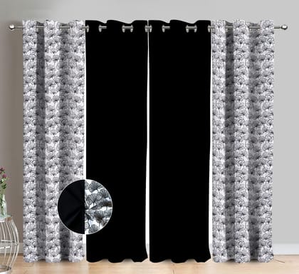 AIRWILL Cotton Single Leaf Black Floral & Solid Pattern Long Door Curtains 275 / 9ft Length - (Black, Pack of 4)