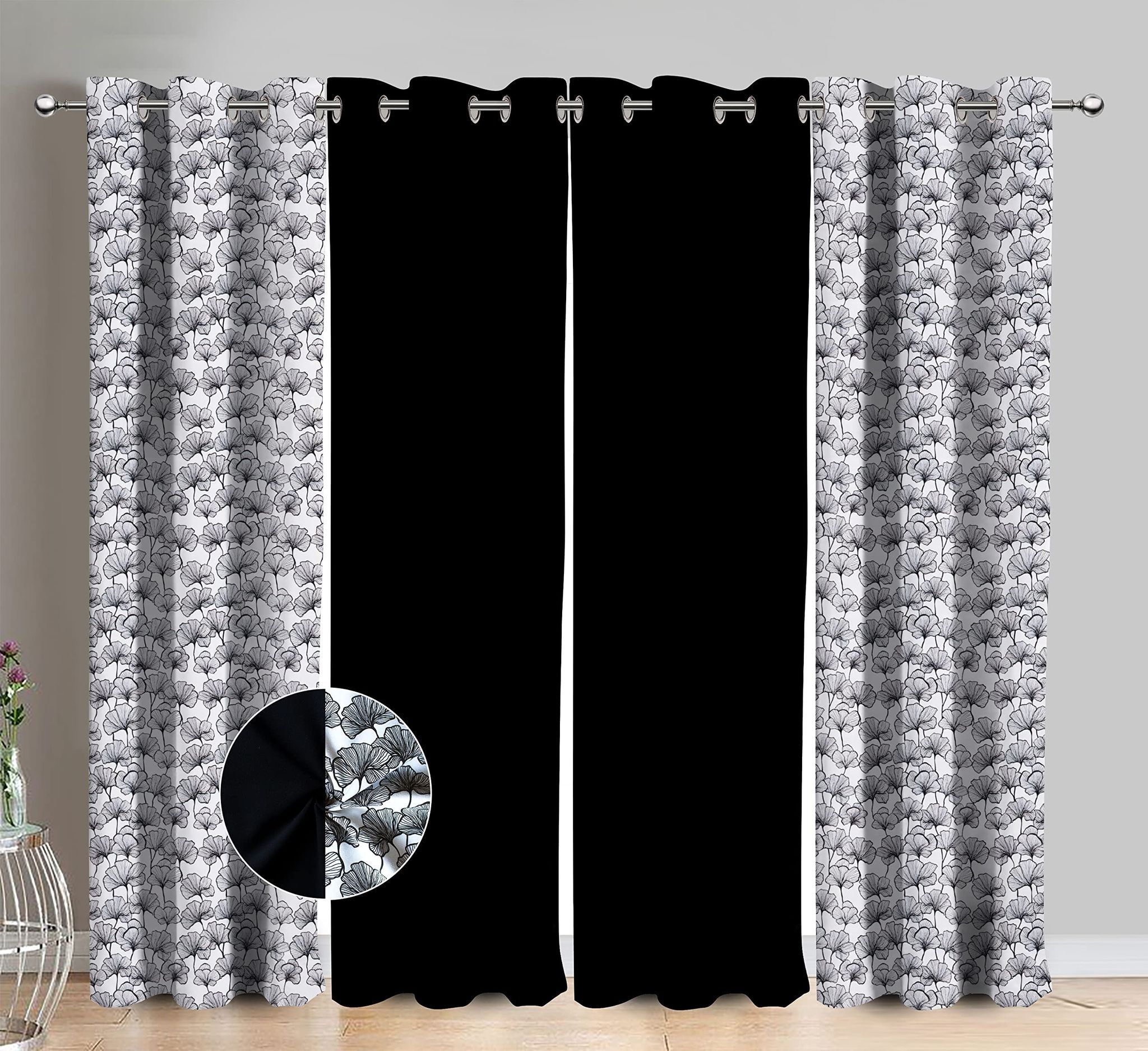 AIRWILL Cotton Single Leaf Black Floral & Solid Pattern Long Door Curtains 275 / 9ft Length - (Black, Pack of 4)