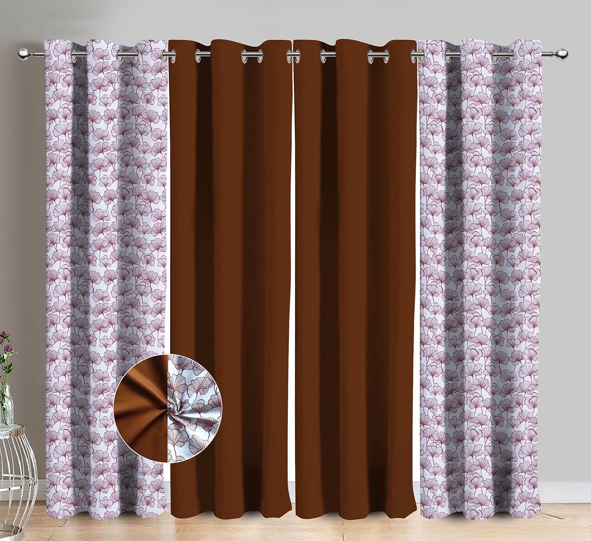 AIRWILL Cotton Single Leaf Brown Printed & Solid Pattern Long Door Curtains 275 / 9ft Length - (Brown, Pack of 4)