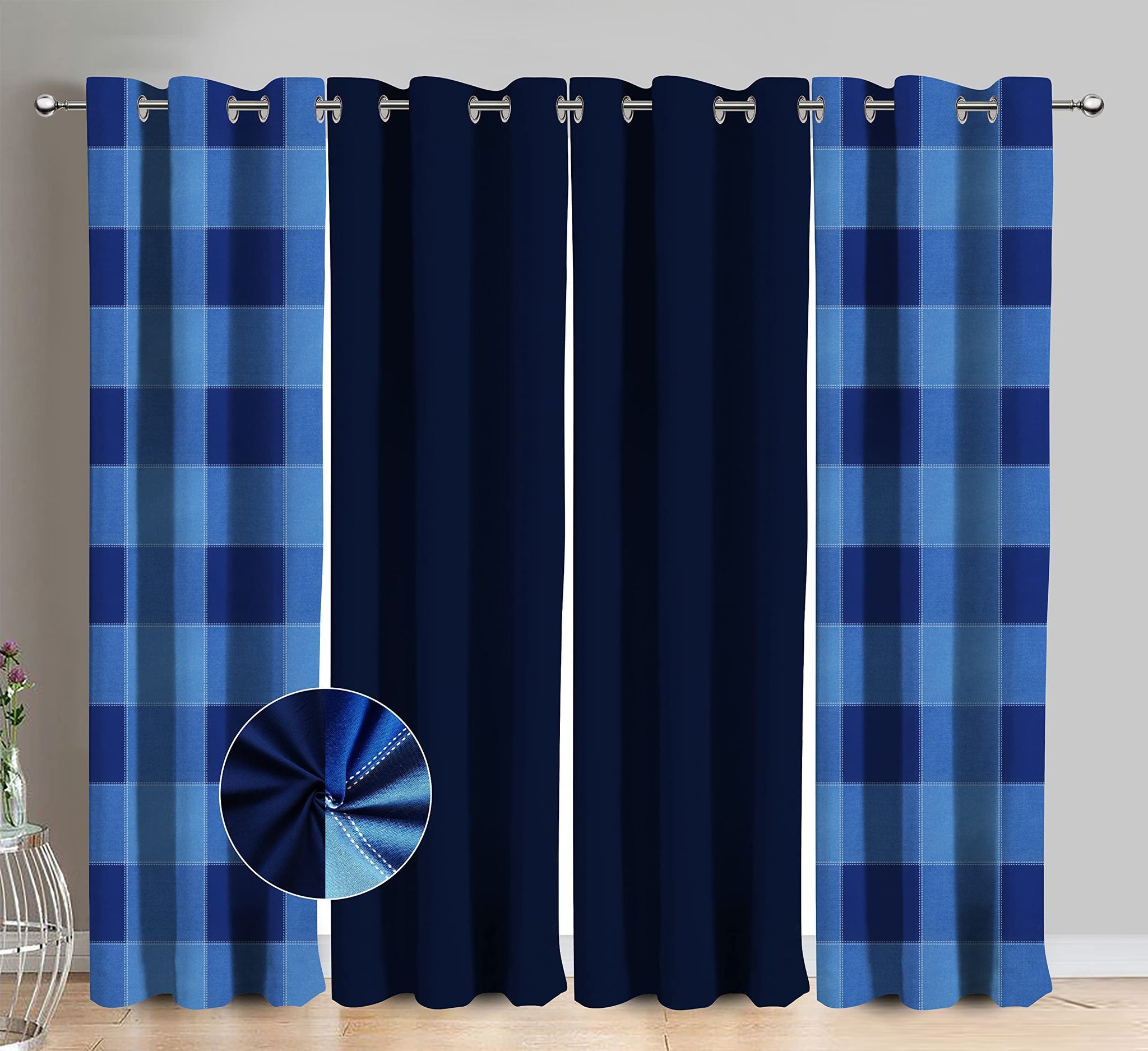 AIRWILL Cotton 4 Way Dobby Blue Checkered & Solid Pattern Long Door Curtains 275 / 9ft Length - (Blue, Pack of 4)