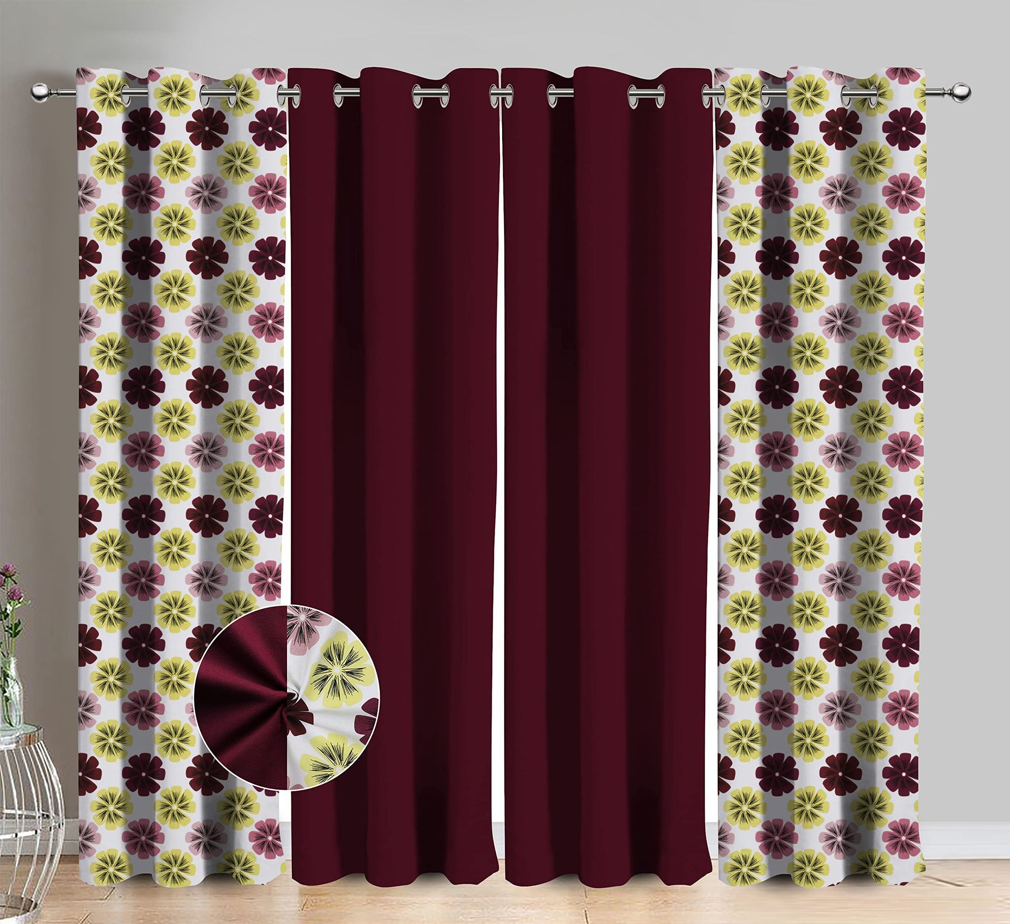 AIRWILL Cotton Single Leaf Maroon Floral & Solid Pattern Long Door Curtains 275 / 9ft Length - (Maroon, Pack of 4)