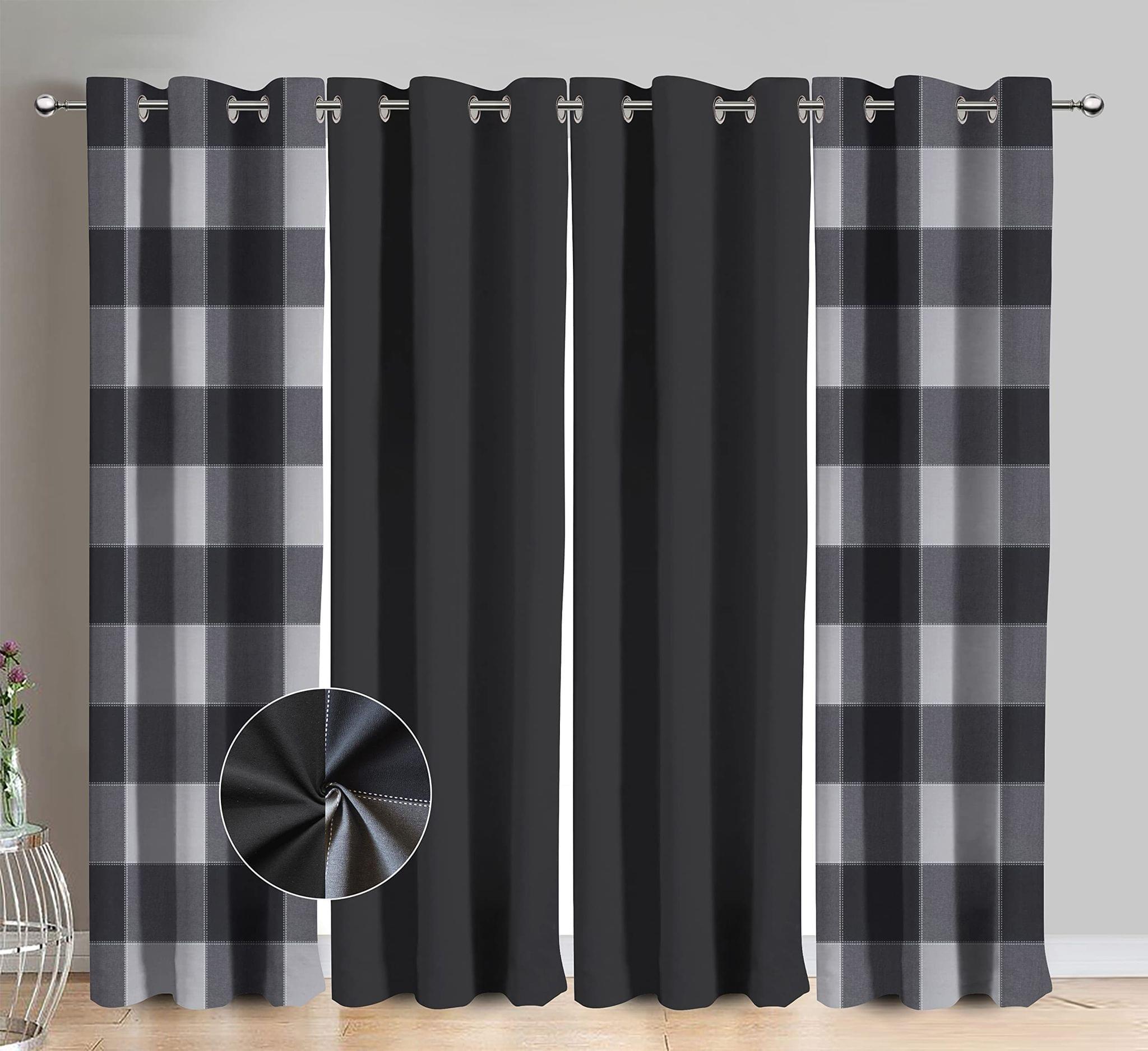 AIRWILL Cotton Lanfranki Gray Checkered & Solid Pattern Long Door Curtains 275 / 9ft Length - (Grey, Pack of 4)