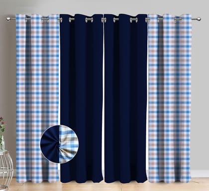 AIRWILL Cotton Lanfranki Blue Checkered & Solid Pattern Long Door Curtains 275 / 9ft Length - (Blue, Pack of 4)