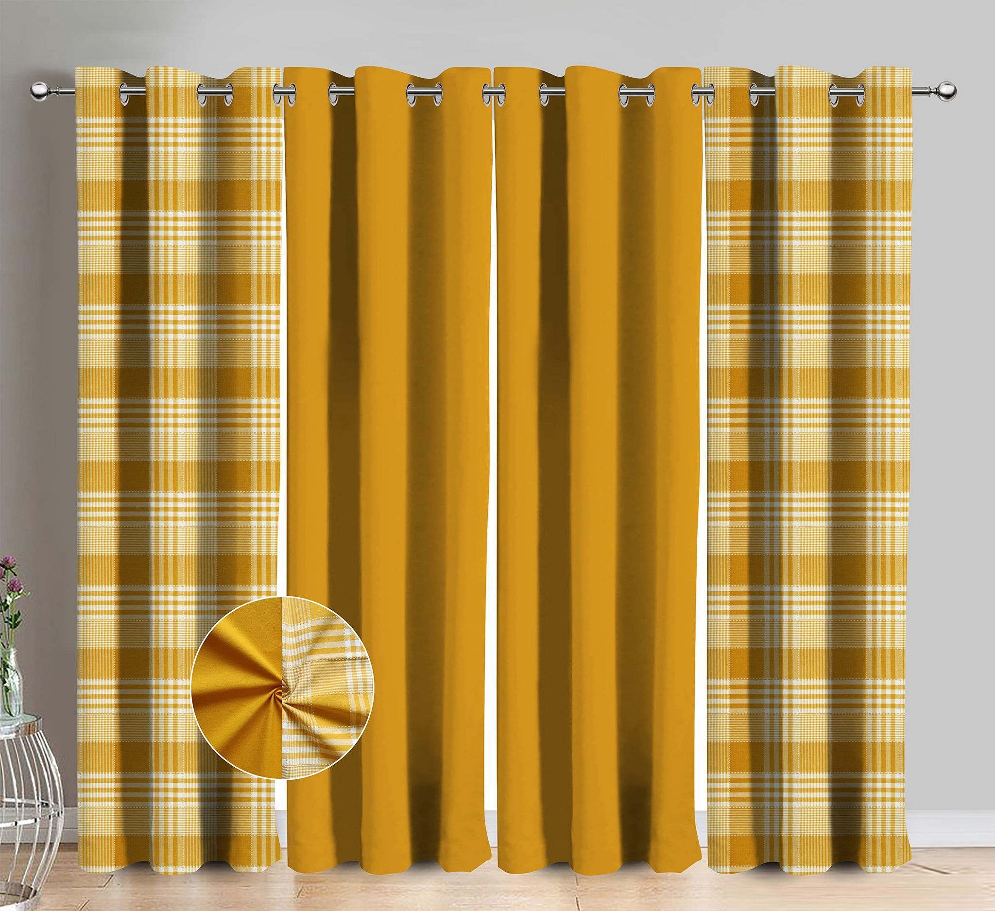 AIRWILL Cotton Track Dobby Yellow Checkered & Solid Pattern Long Door Curtains 275 / 9ft Length - (Yellow, Pack of 4)