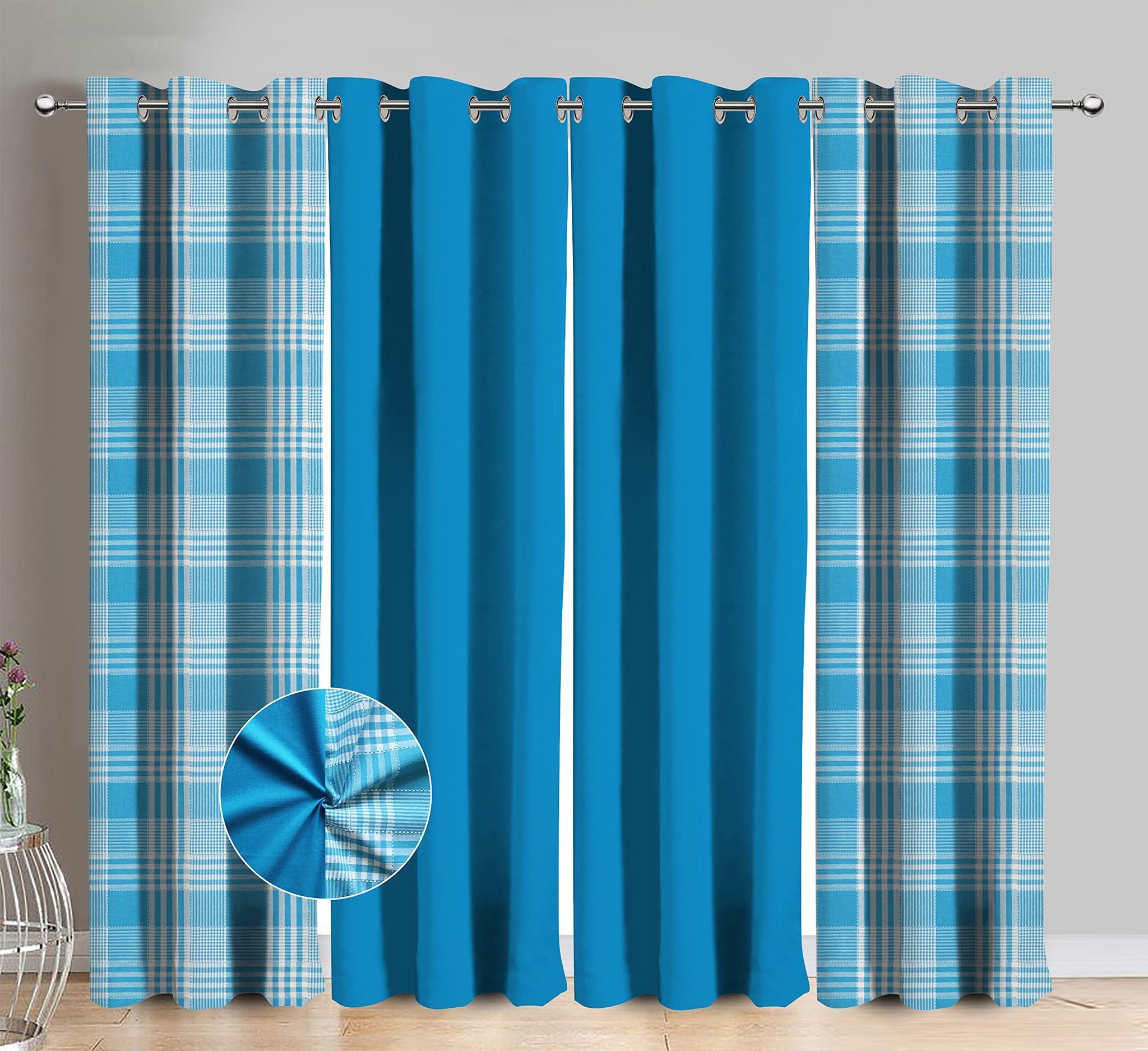 AIRWILL Cotton Track Dobby Sea Blue Checkered & Solid Pattern Long Door Curtains 275 / 9ft Length - (Blue, Pack of 4)
