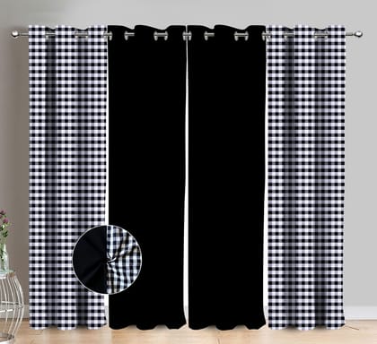 AIRWILL Cotton Dobby Black Checkered & Solid Pattern Long Door Curtains 275 / 9ft Length - (Black, Pack of 4)