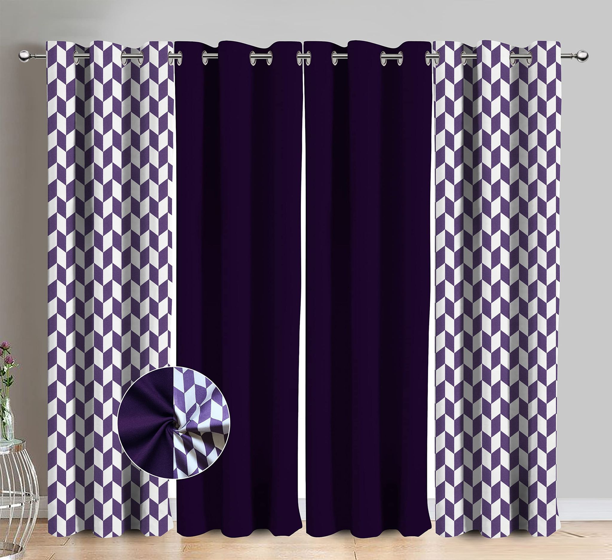 AIRWILL Cotton Classic Diamond Purple Geometric & Solid Pattern Long Door Curtains 275 / 9ft Length - (Purple, Pack of 4)