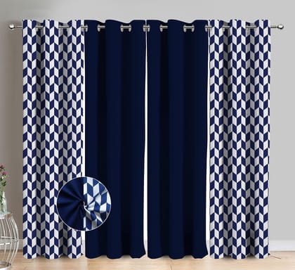 AIRWILL Cotton Classic Diamond Sea Blue Geometric & Solid Pattern Long Door Curtains 275 / 9ft Length - (Blue, Pack of 4)