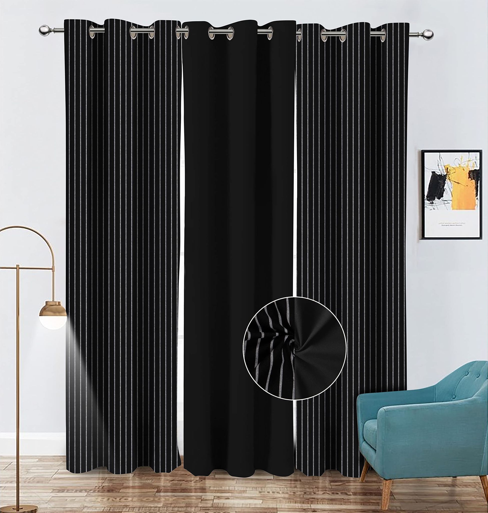 AIRWILL Cotton Striped & Solid Pattern Long Door Curtains 275cm / 9ft - (Black, Pack of 3)