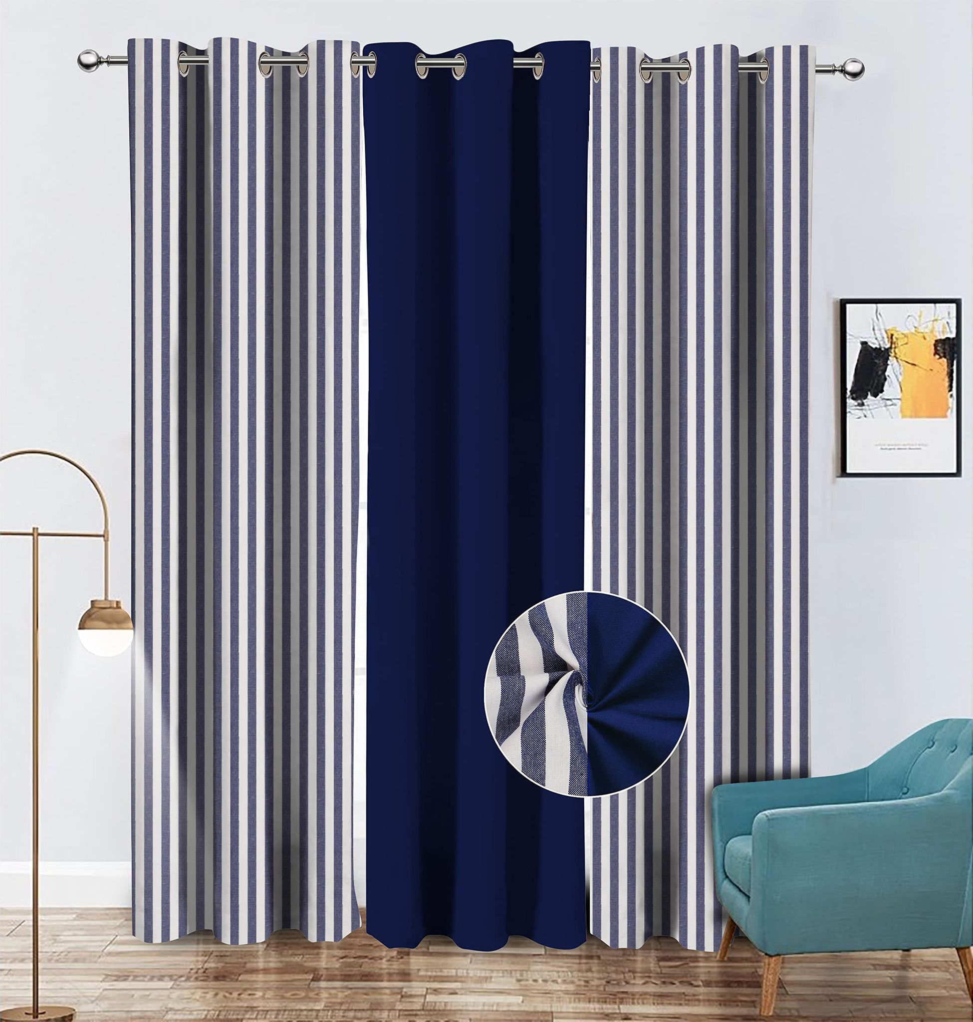 AIRWILL Cotton Striped & Solid Pattern Long Door Curtains 275cm / 9ft - (Blue, Pack of 3)