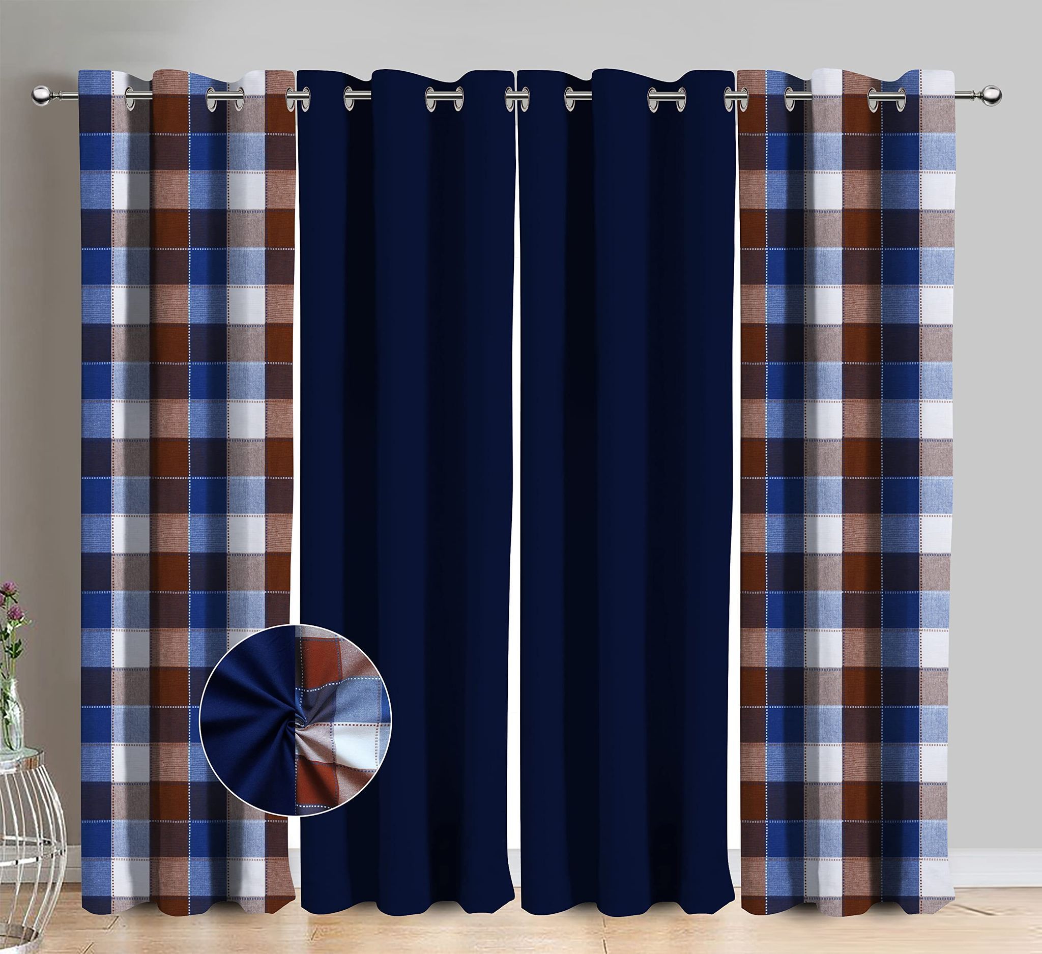 AIRWILL Cotton Dobby Blue Checkered & Solid Pattern Long Door Curtains 275 / 9ft Length - (Blue, Pack of 4)