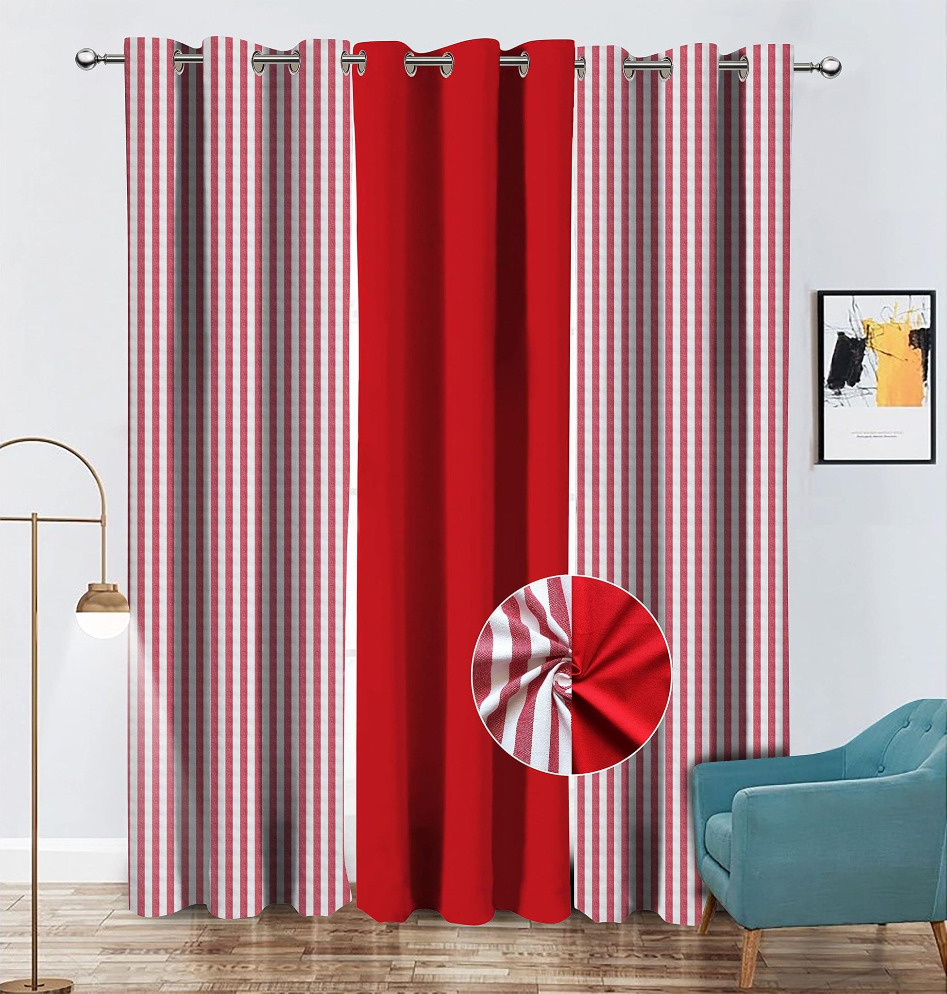 AIRWILL Cotton Striped & Solid Pattern Long Door Curtains 275cm / 9ft - (Red, Pack of 3)