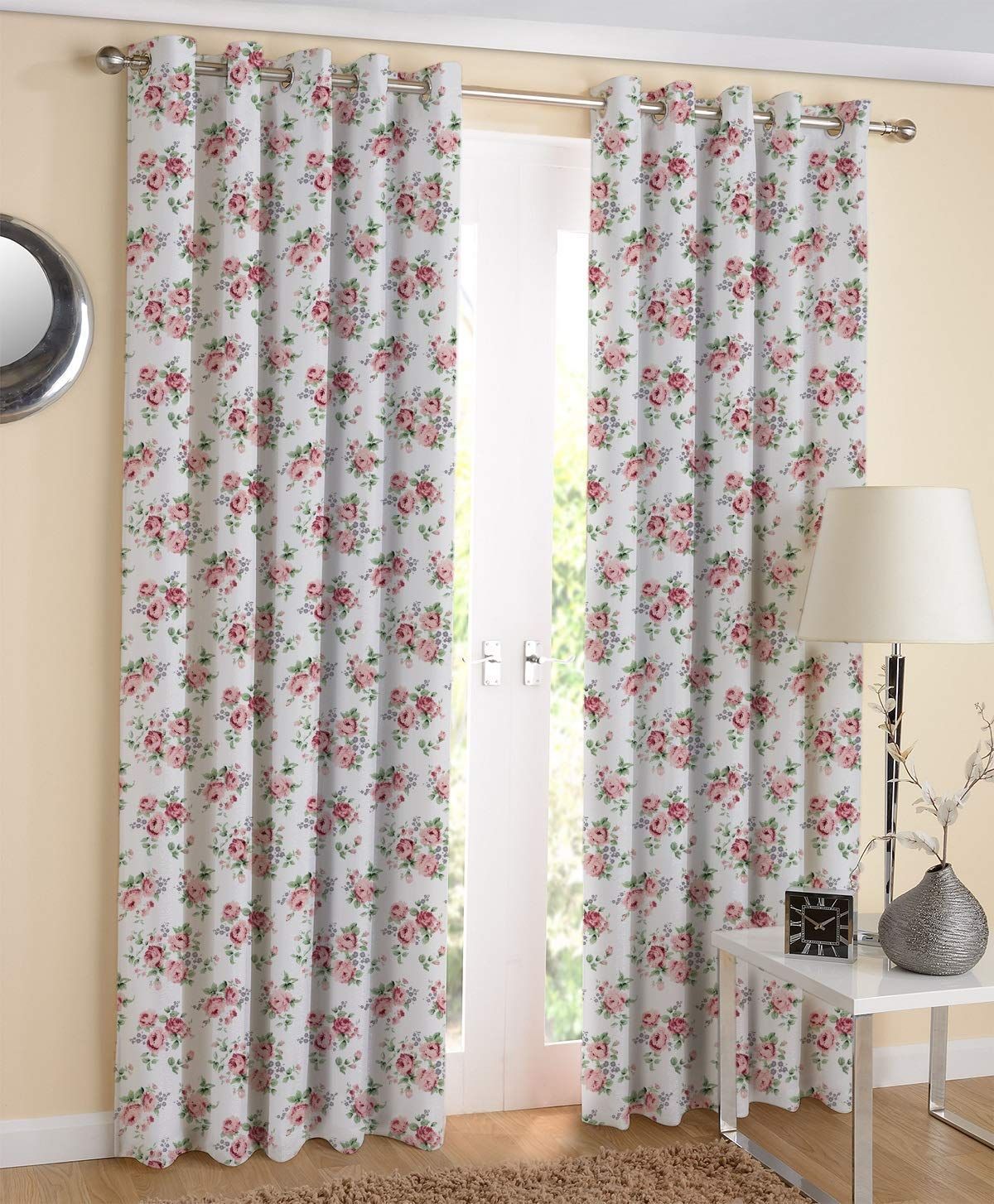 AIRWILL Cotton Small Pink Rose Floral Designed Long Door Curtains Eyelet Model (Pink; 4ft Width and 9ft Length) - Pack of 2 pcs?